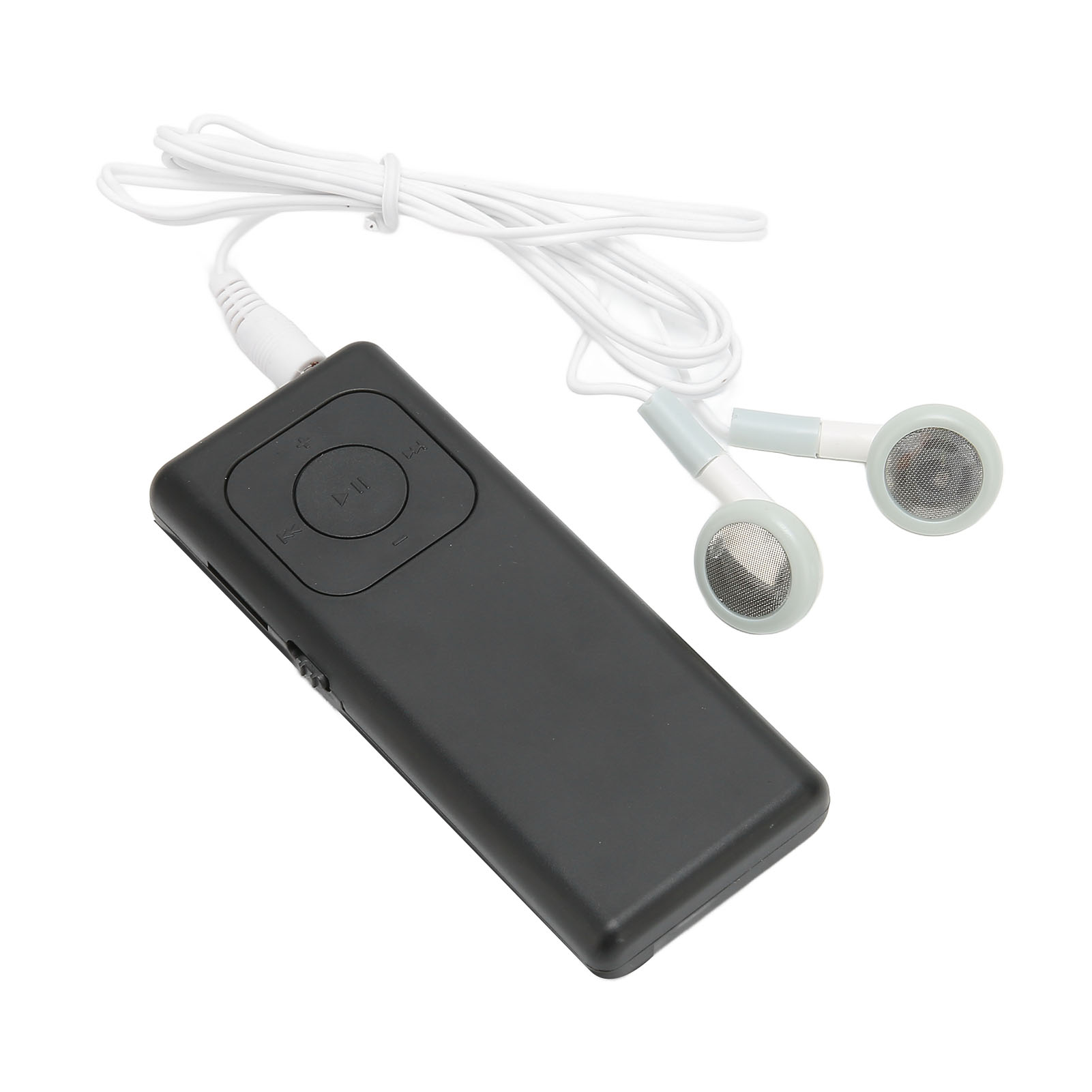 Schwarzer MP3-Player mit weißem Kabel und Ohrhörern. Die Ohrhörer sind hellgrau und weiß.