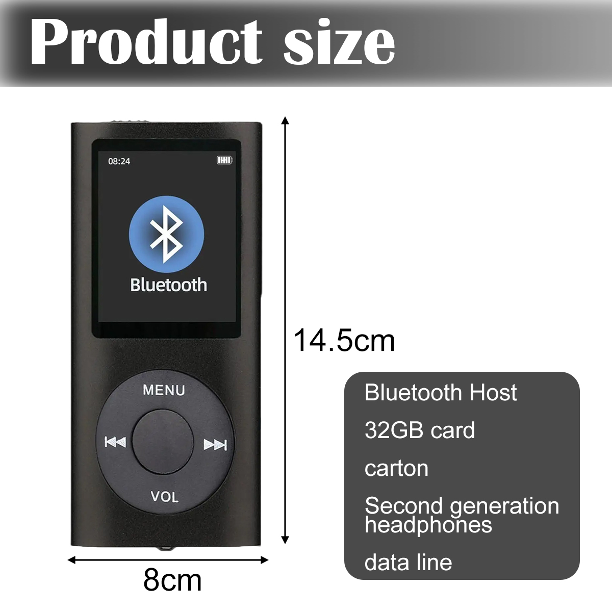 Schwarzer MP3-Player mit Bluetooth-Symbol, Abmessungen 8cm x 14,5cm. Funktionen umfassen Bluetooth Host, 32GB-Karte, Kopfhörer und Datenleitung.