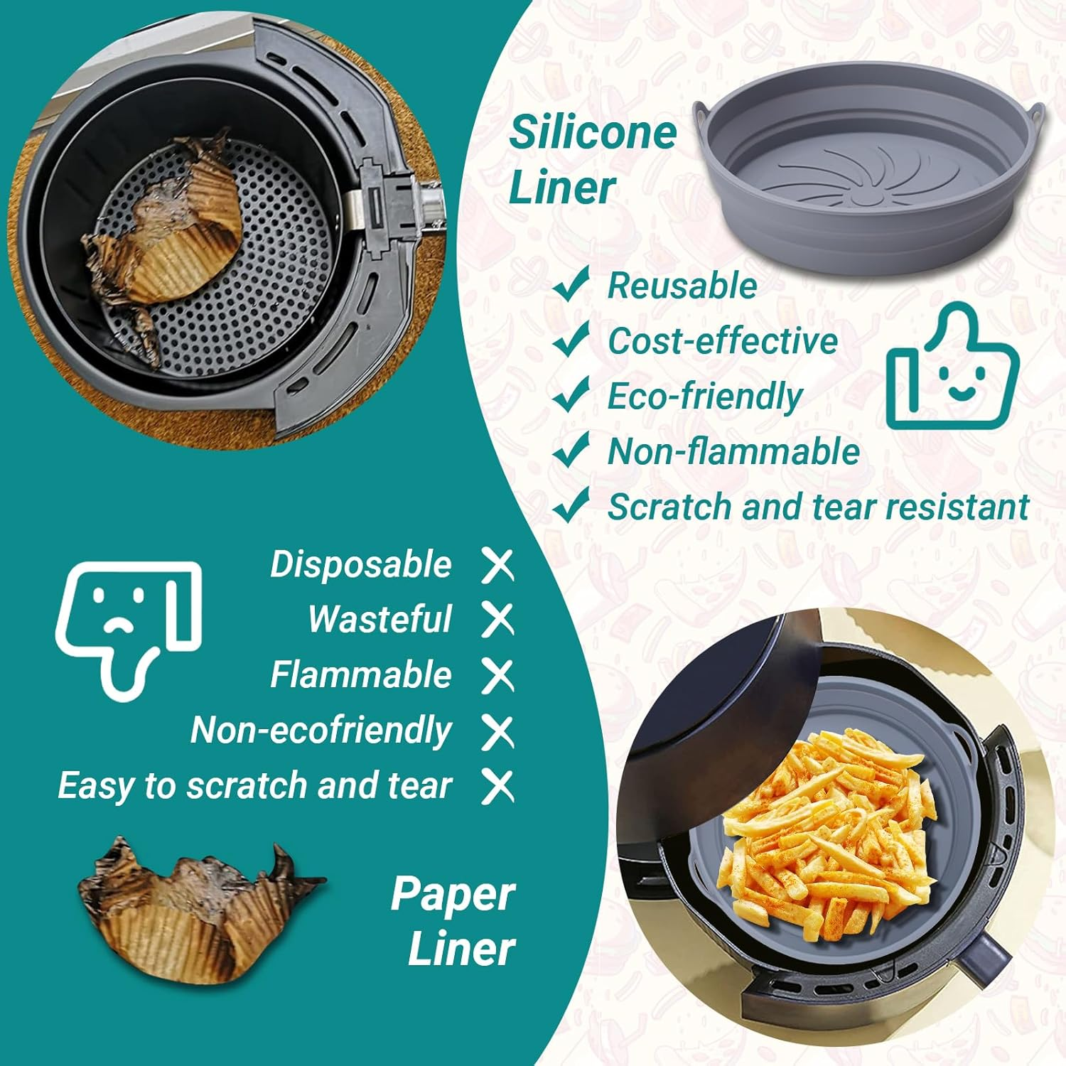 Ein Airfryer mit Silikoneinlage und Pommes wird gezeigt. Eine Papiereinlage ist ebenfalls zu sehen. Text vergleicht die beiden.