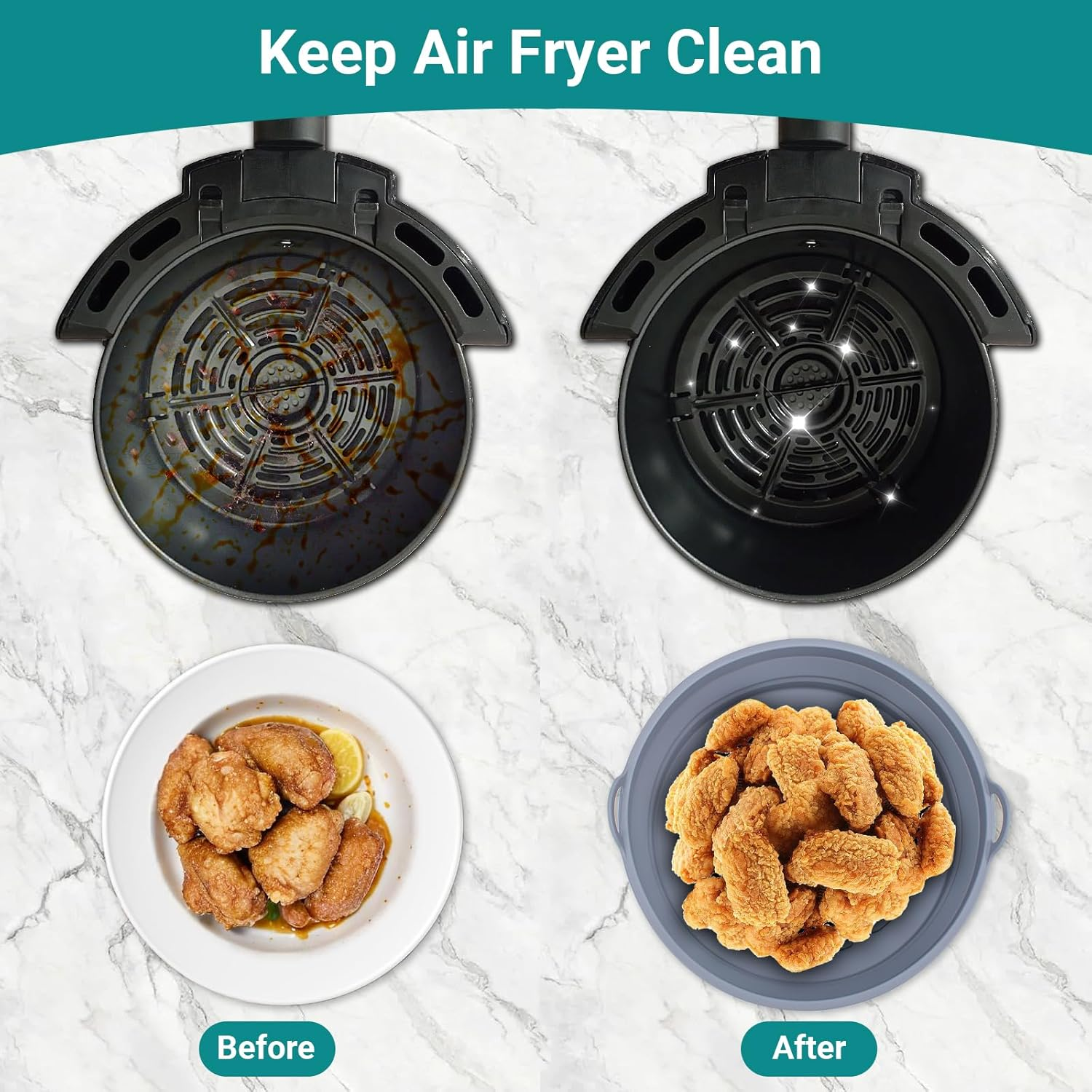 Das Bild zeigt einen Airfryer vor und nach der Reinigung, auch Hähnchenflügel. Oben: schmutziger vs. sauberer Fryer. Unten: Flügel vor und nach dem Kochen.