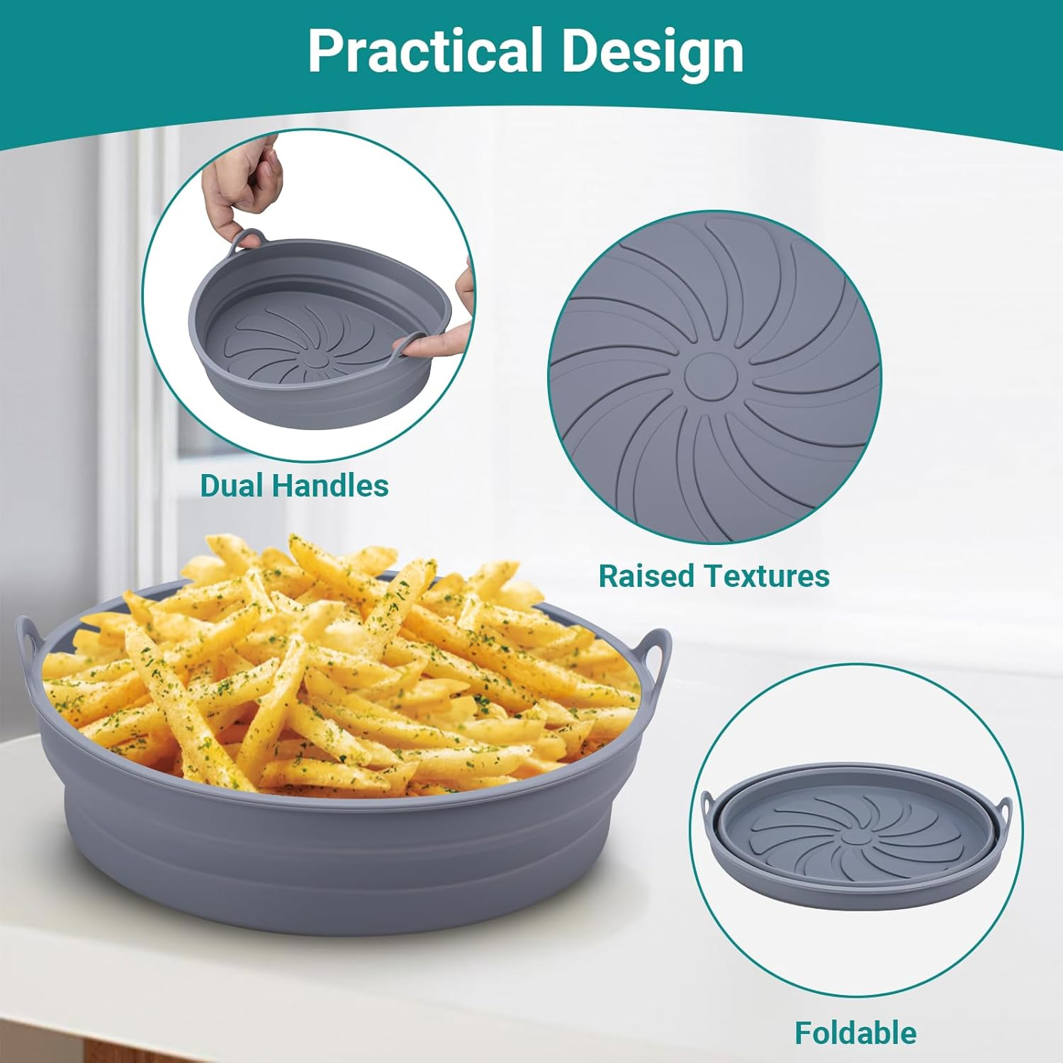 Ein grauer Silikon-Airfryer-Korb mit Pommes Frites. Er hat zwei Griffe, erhabene Texturen und ist faltbar. Der obere Text lautet 'Praktisches Design'.