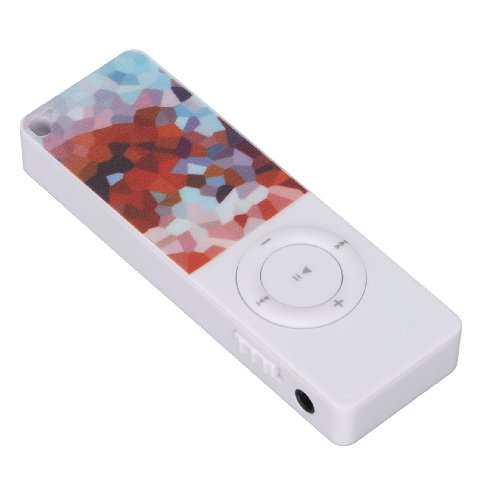 Weißer MP3-Player mit buntem Mosaikdesign oben. Verfügt über ein Steuerkreuz und Tasten. Hat eine Kopfhörerbuchse.