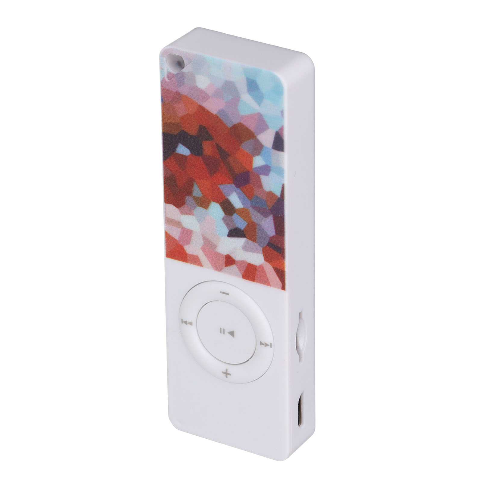 Weißer MP3-Player mit farbenfrohem Mosaikdesign. Er hat ein kreisförmiges Bedienfeld und eine Ein-/Aus-Taste.