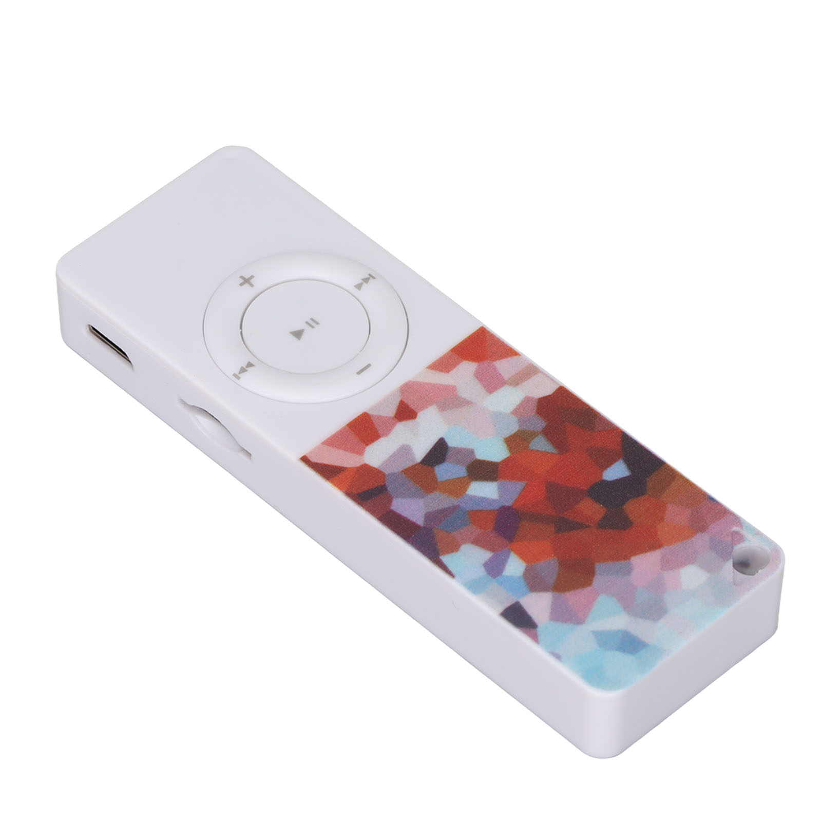 Weißer MP3-Player mit buntem Mosaikdesign auf der Unterseite. Er hat eine runde Steuerung und einen Ladeanschluss.