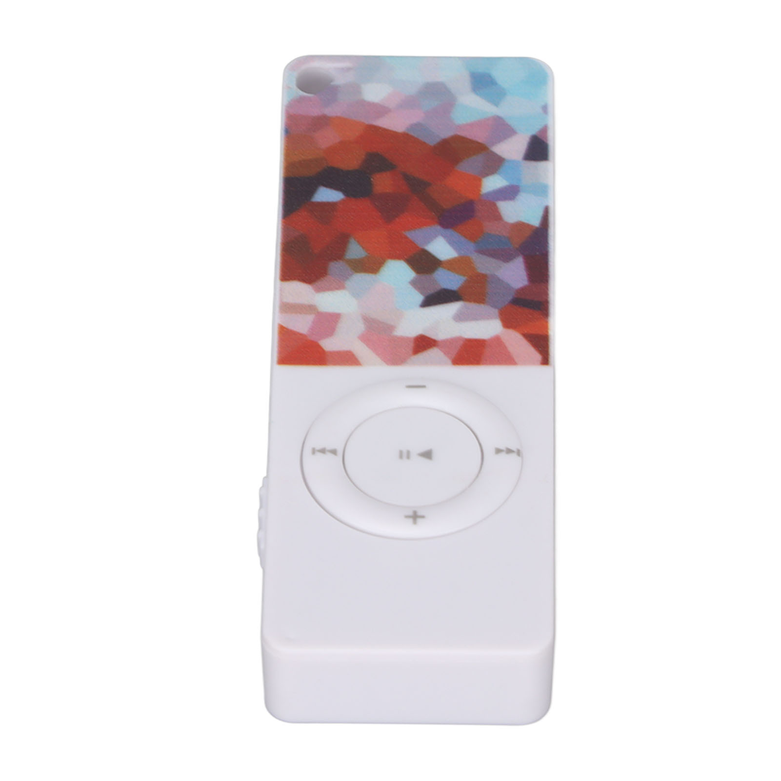 Weißer MP3-Player mit buntem Mosaik-Top. Er hat ein kreisförmiges Bedienfeld und Wiedergabetasten.