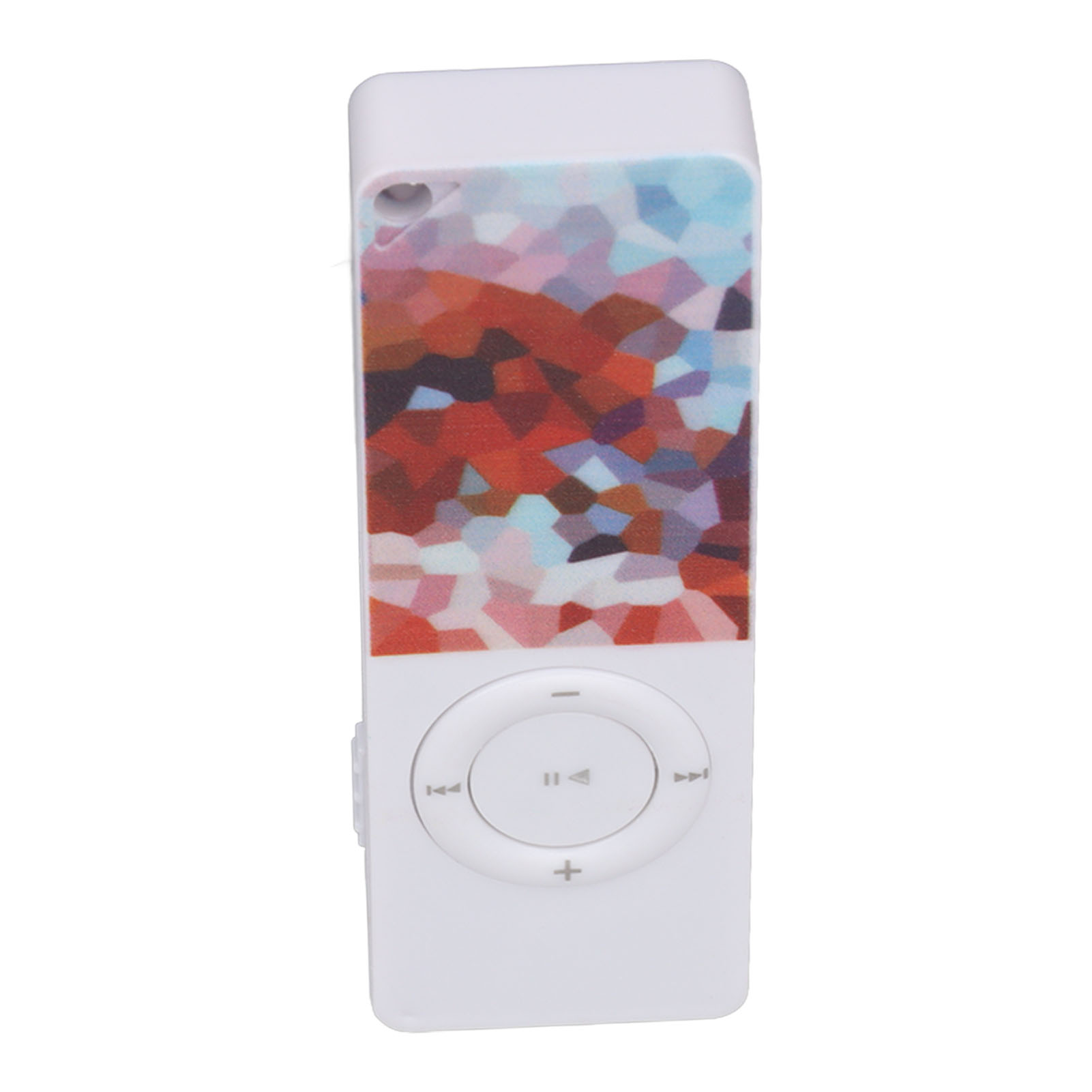 Ein weißer MP3-Player mit einem bunten Mosaikdesign auf der Vorderseite. Er hat einen runden Bedienknopf und andere Tasten.