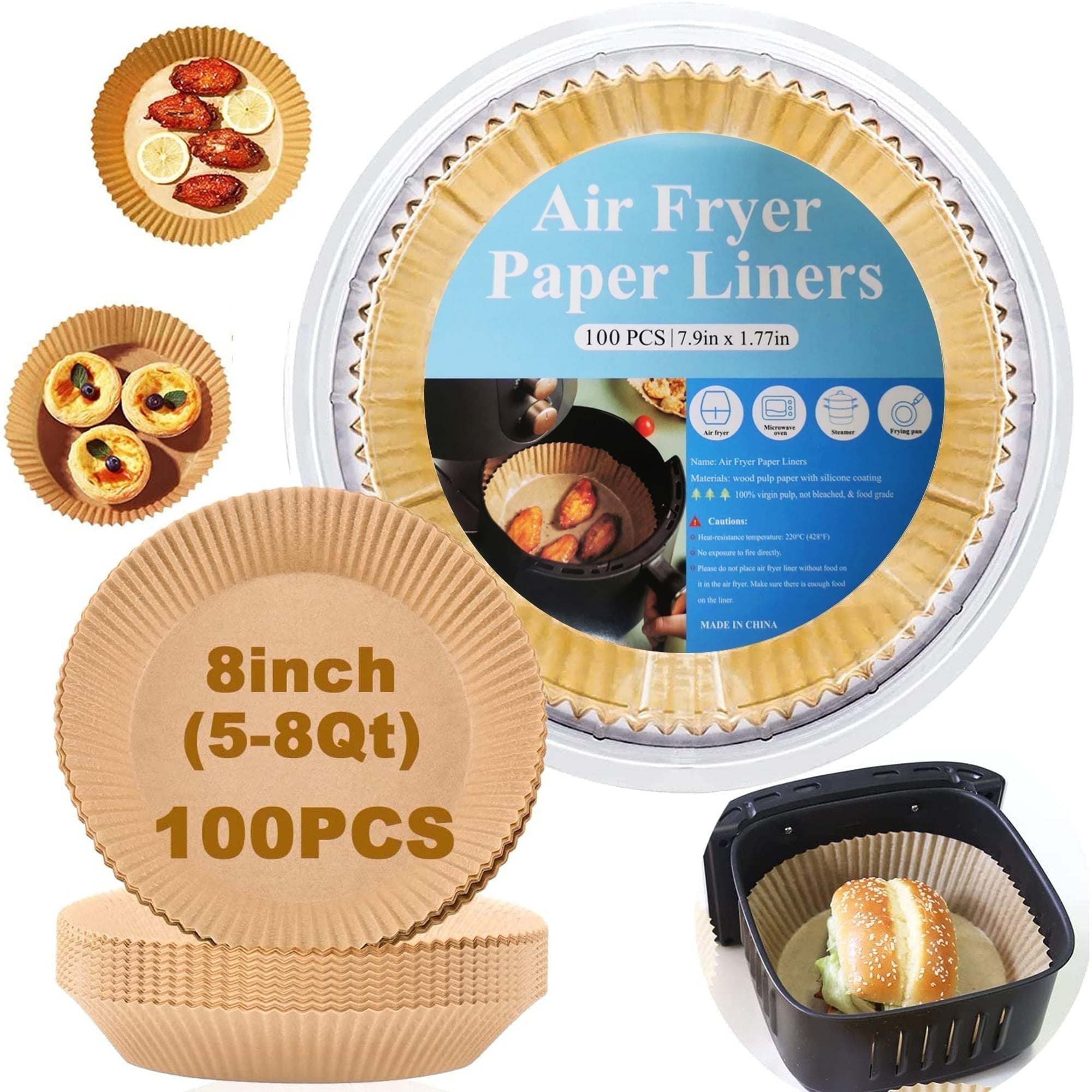 Das Bild zeigt Airfryer-Papierauskleidungen mit Speisen und Verpackungen mit Produktdetails. Auskleidungen werden im Airfryer verwendet.
