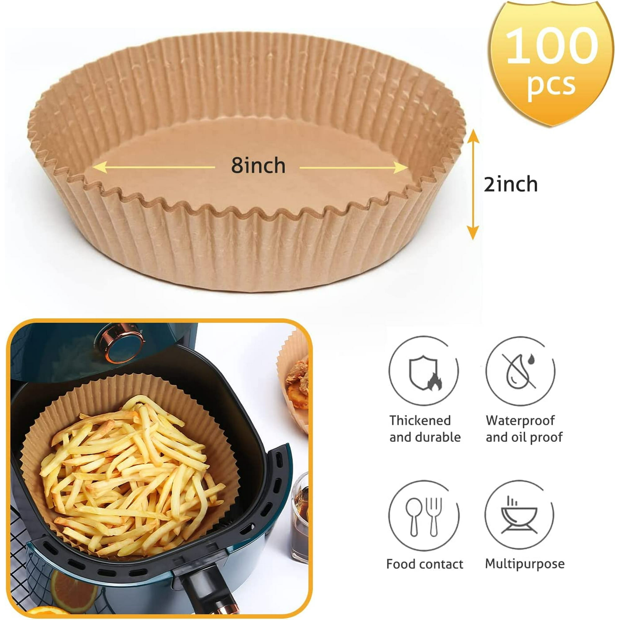Braune Papier-Heißluftfritteuseneinlagen. Enthält eine Heißluftfritteuse mit Pommes, Abmessungen und Funktionssymbolen.