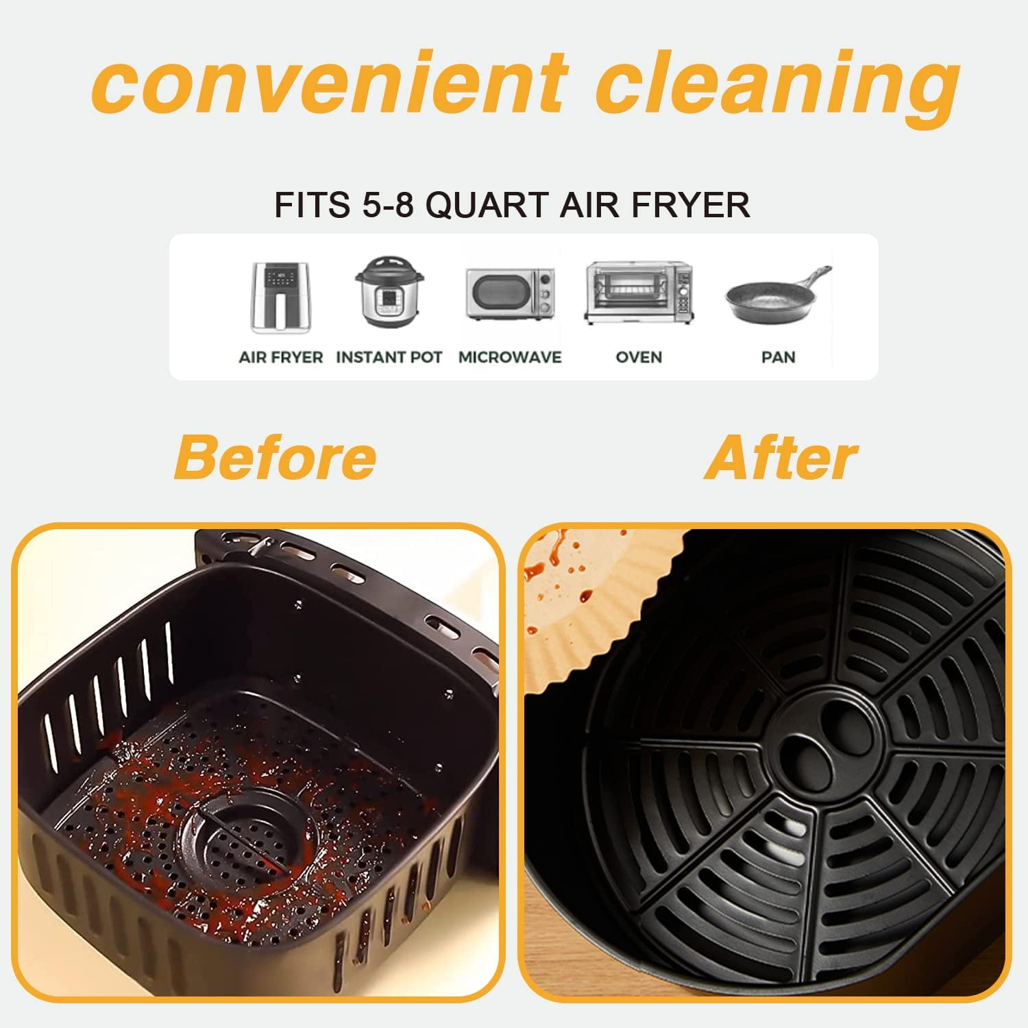 Das Bild zeigt einen Airfryer-Korb vor und nach der Reinigung. Vorher ist er schmutzig. Danach ist er sauber mit Papiereinlage.