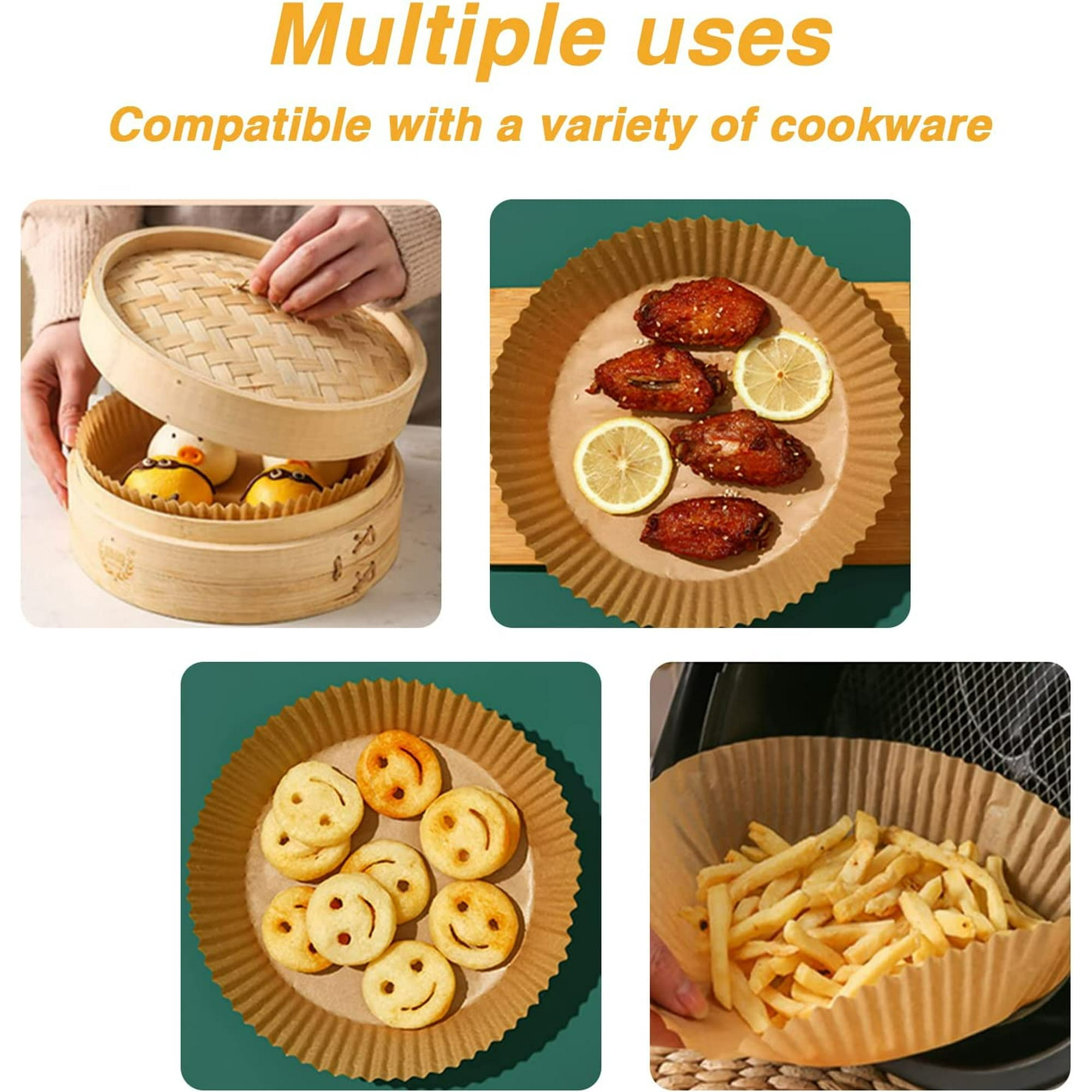 Das Bild zeigt die mehrfache Verwendung von Papiereinlagen: in einem Dampfgarer mit Brötchen, mit Hähnchen und Zitrone, mit Smiley-Pommes und Pommes Frites.