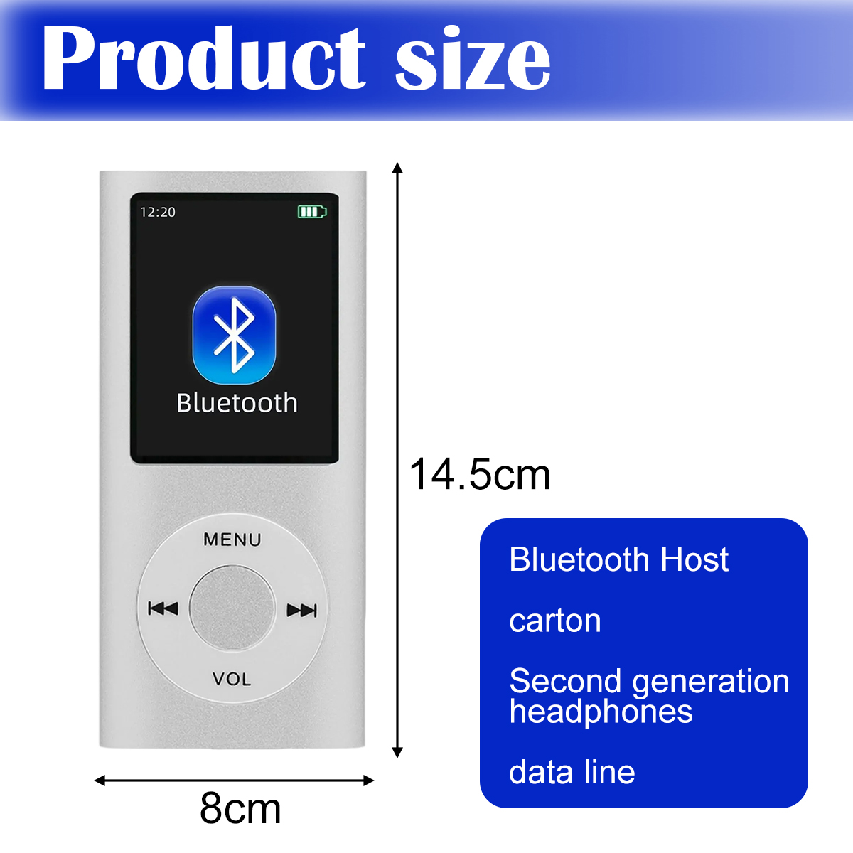 Ein silberner MP3-Player mit Bluetooth-Symbol auf dem Bildschirm. Er hat Knöpfe und ist mit den Maßen 8 cm und 14,5 cm beschriftet. Inklusive Zubehör.