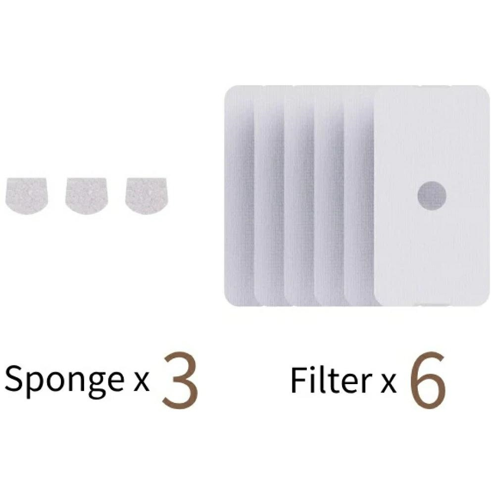 Drei Schwämme und sechs Filter werden gezeigt. Die Schwämme befinden sich oben links, die Filter oben rechts. Textbezeichnungen zeigen Mengen an.
