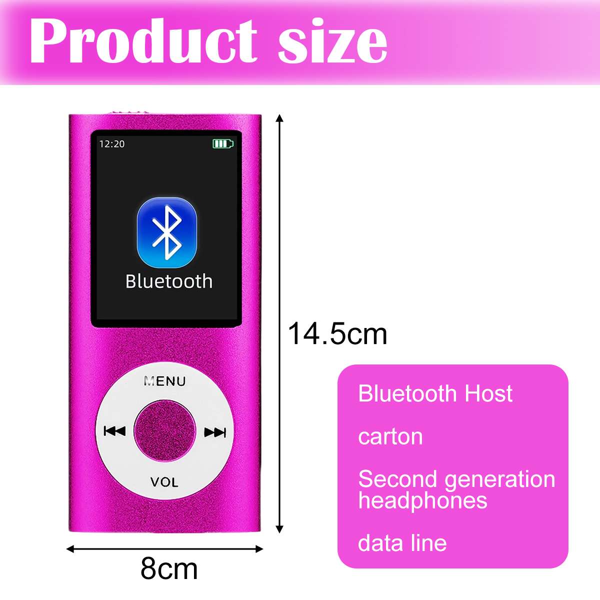 Ein pinkfarbener MP3-Player mit Bluetooth-Symbol auf dem Bildschirm, Abmessungen werden angezeigt. Zubehör rechts aufgelistet.