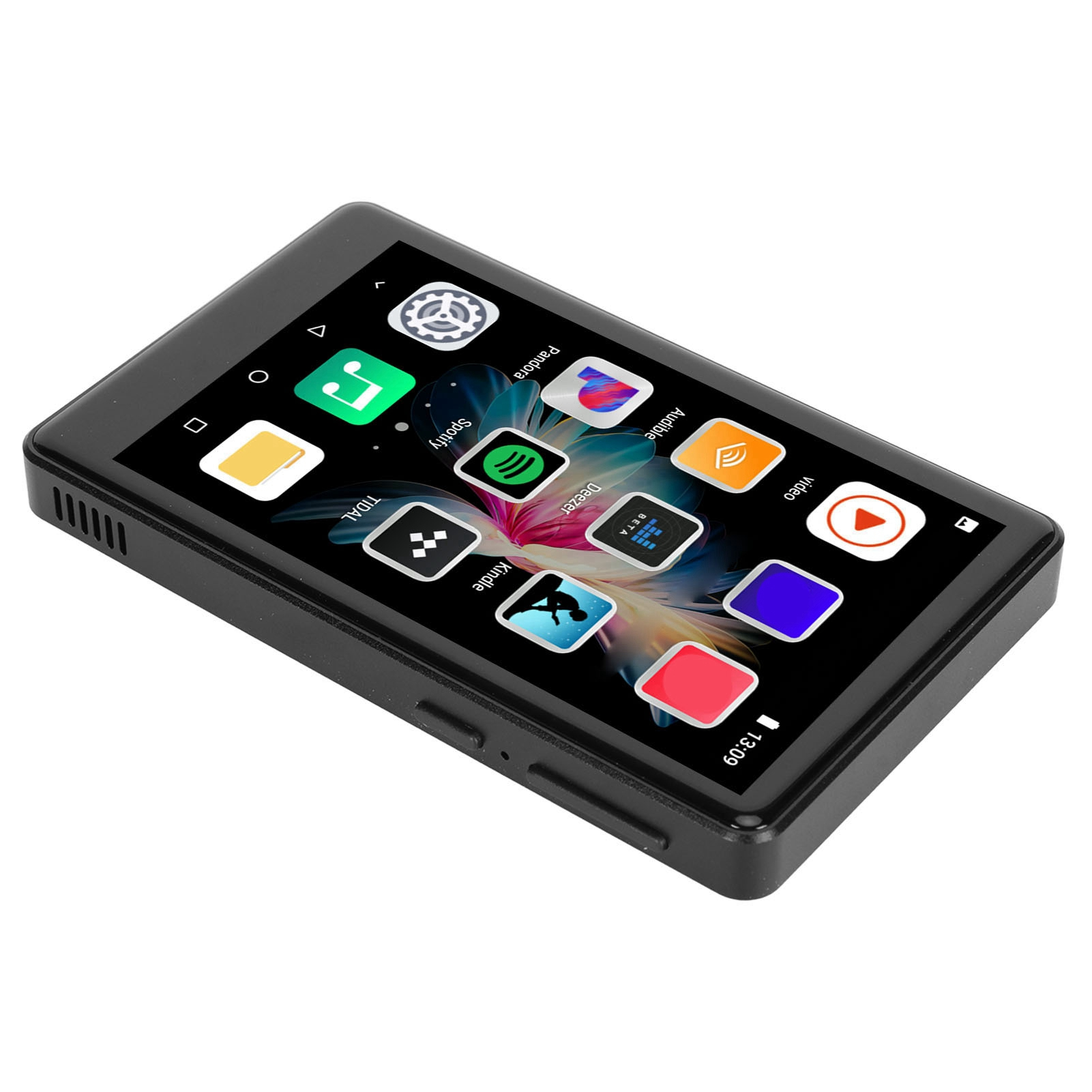 Ein schwarzer MP3-Player mit Touchscreen zeigt App-Symbole wie Spotify und Deezer. Eine Uhr zeigt 13:09 an.