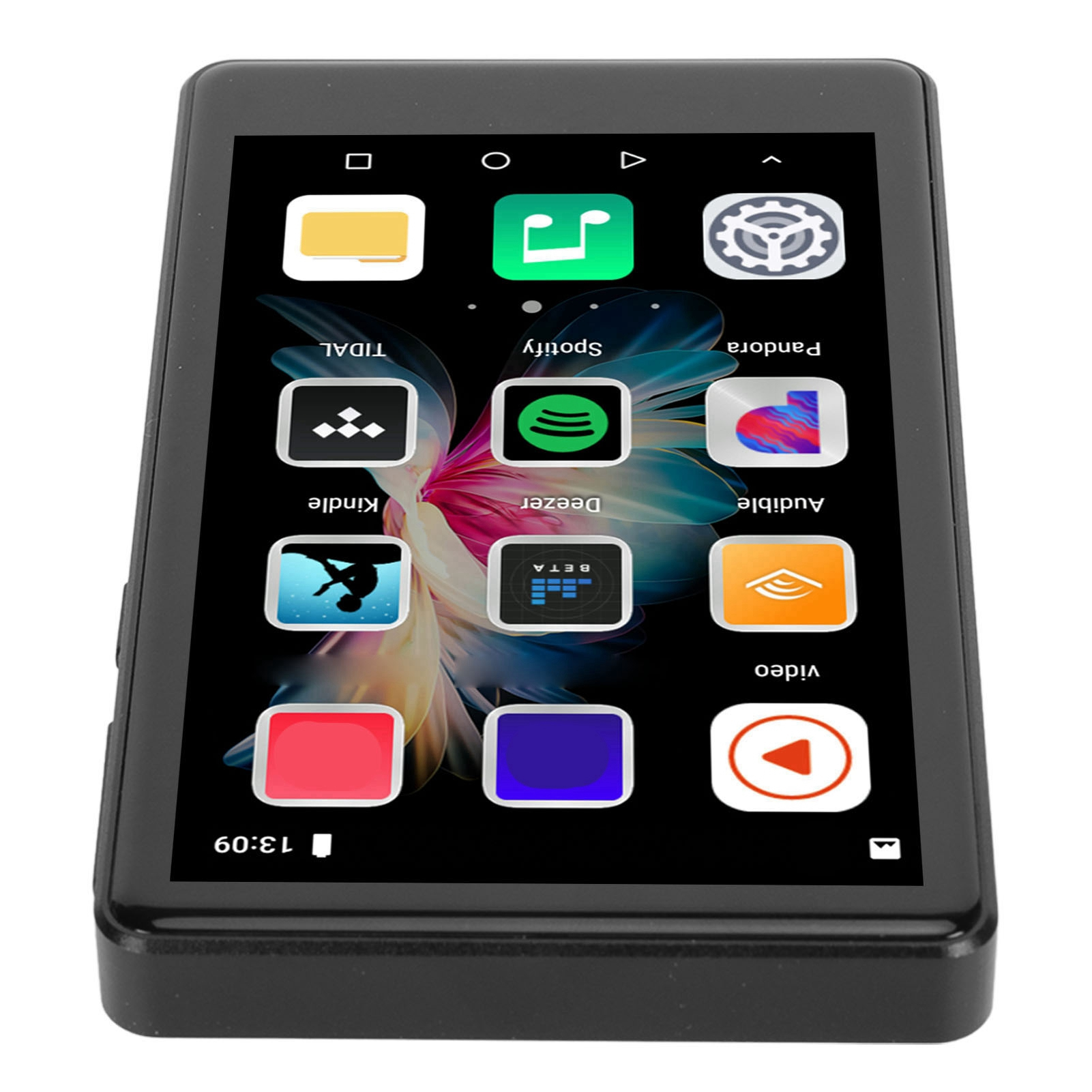 Ein schwarzer Mediaplayer mit Touchscreen zeigt App-Icons wie Spotify und Kindle an.