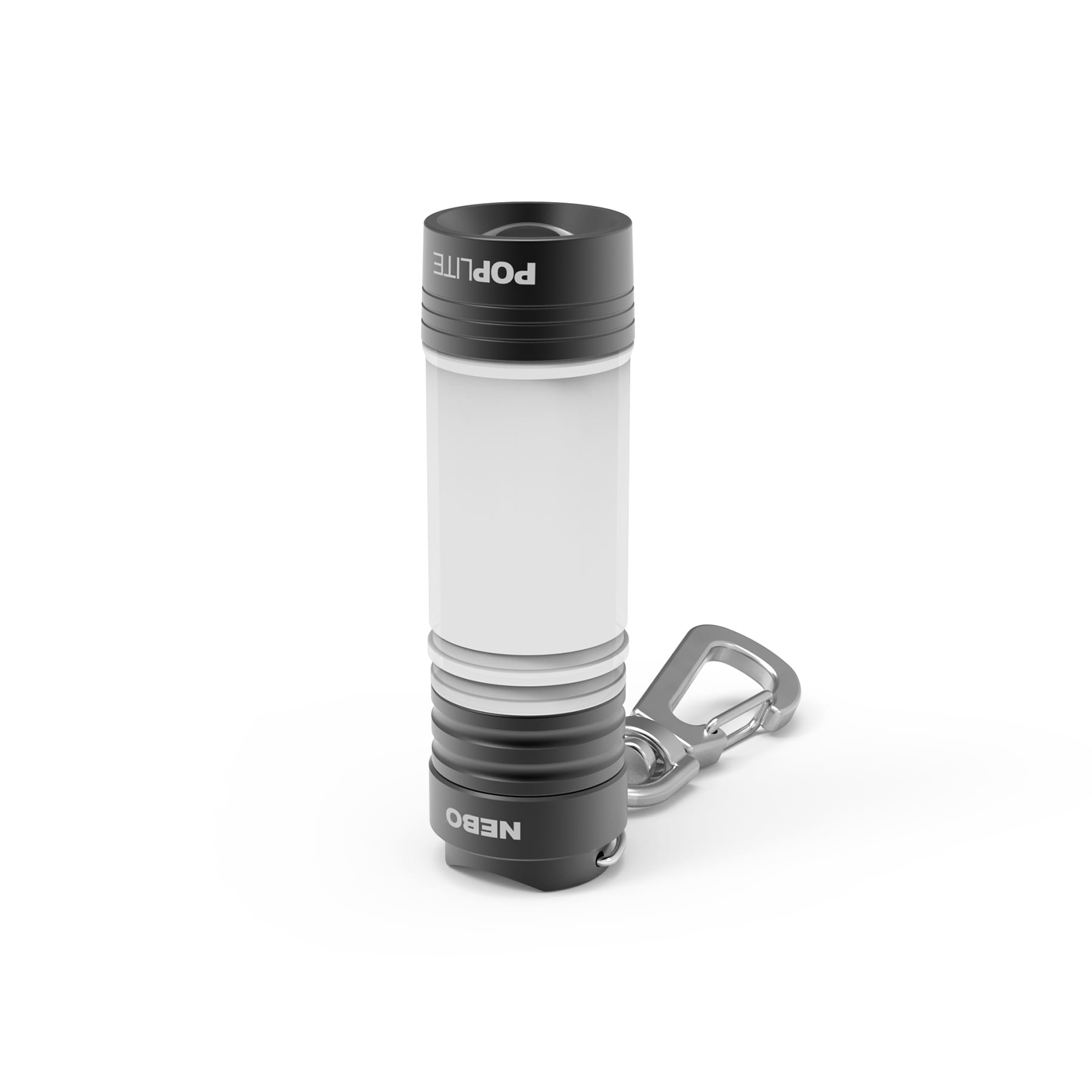 Eine NEBO Poplite-Taschenlampe mit einem Metallkarabiner. Sie hat einen schwarzen oberen und unteren Teil sowie einen weißen Mittelteil.