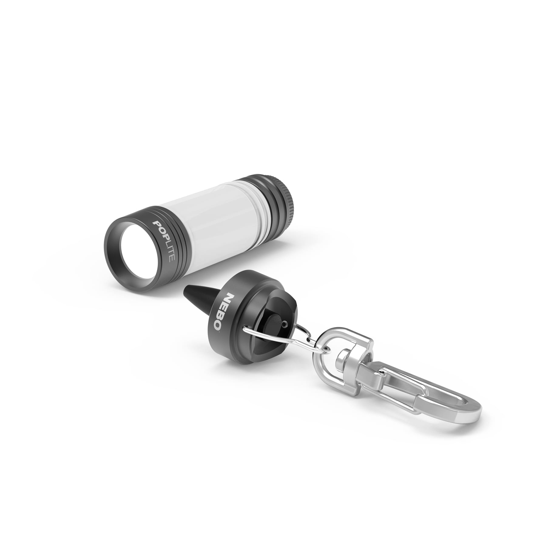 Eine weiße und schwarze Poplite-Taschenlampe mit schwarzer Nebo-Kappe und silbernem Karabinerhaken auf weißem Hintergrund.