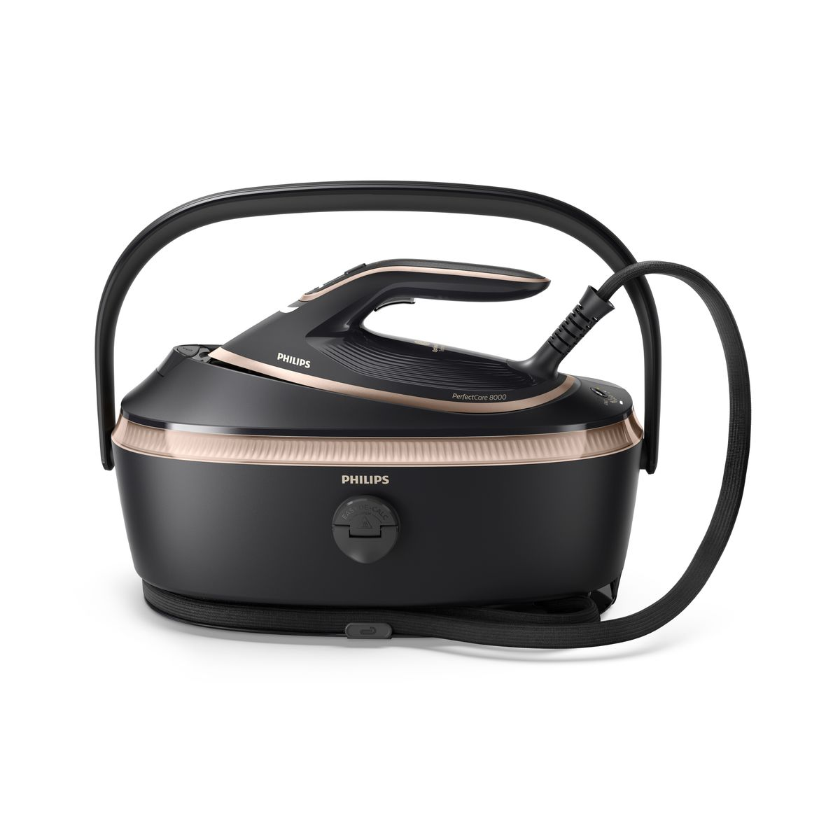 Ein schwarzes und goldenes Philips PerfectCare 8000 Bügeleisen mit schwarzem Griff und Kabel auf weißem Hintergrund.