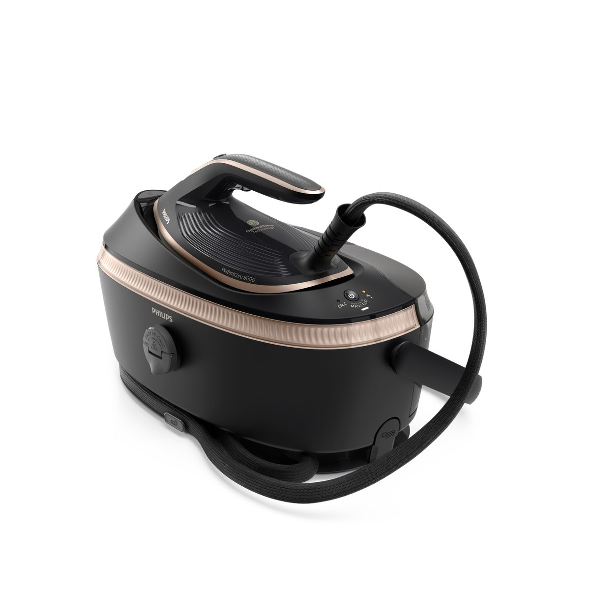 Eine schwarz-goldene Philips PerfectCare 8000 Bügelstation. Sie hat einen schwarzen Sockel, einen goldenen Besatz und ein schwarzes Bügeleisen.