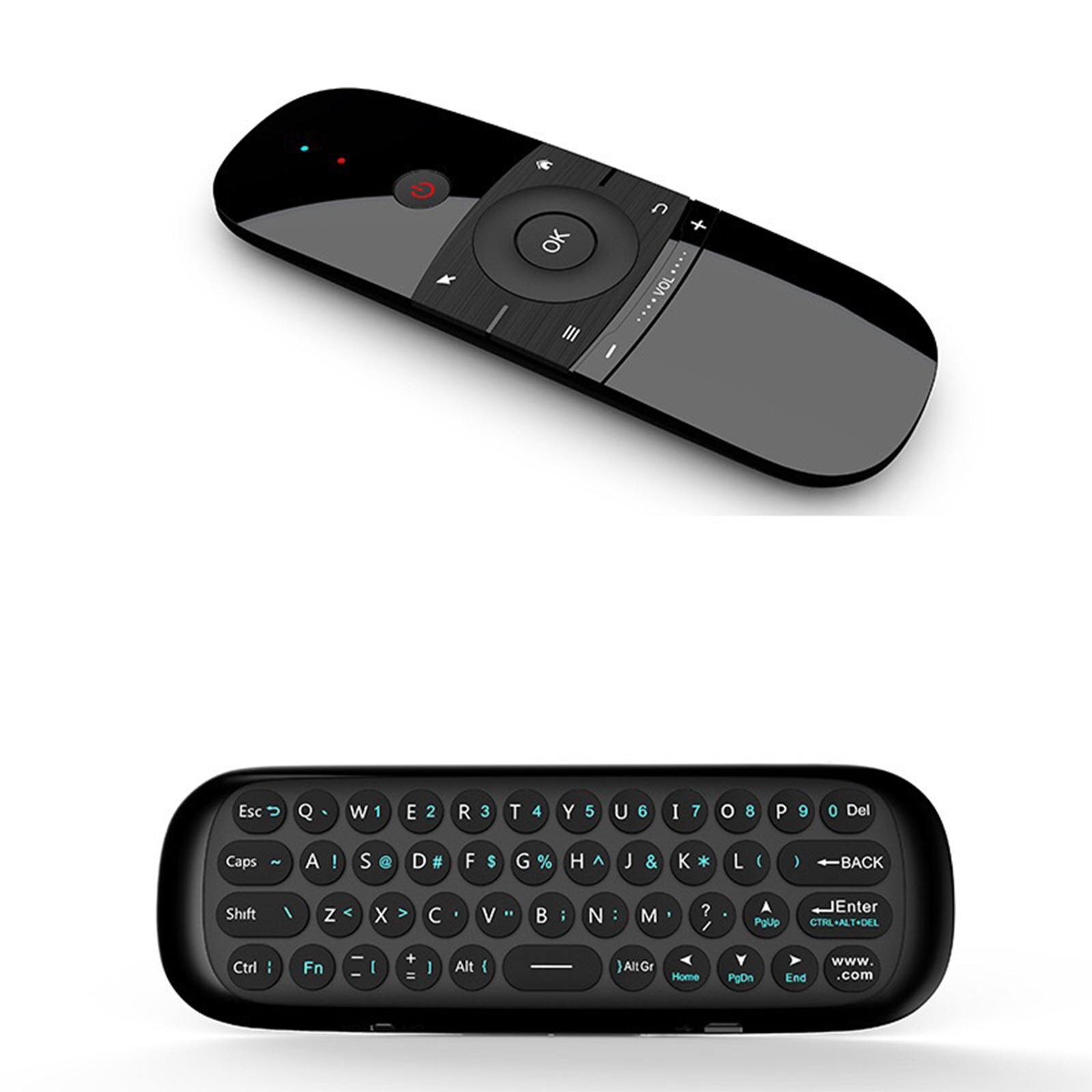 Eine schwarze Fernbedienung mit einer Tastatur darunter. Die Fernbedienung hat Tasten und ein Touchpad. Die Tastatur hat Buchstaben und Zahlen.