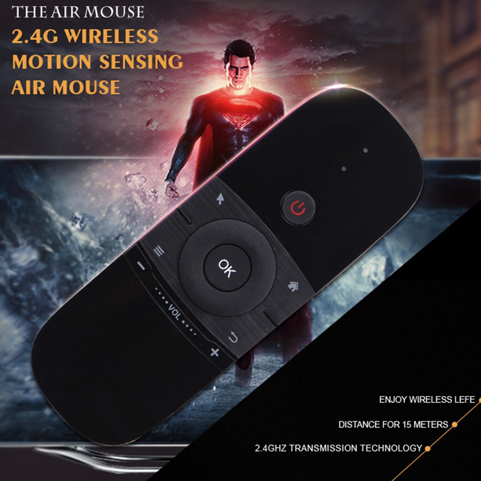 Eine schwarze Air-Mouse-Fernbedienung mit Tasten, ein Superman-Bild im Hintergrund und Text über drahtlose Technologie.