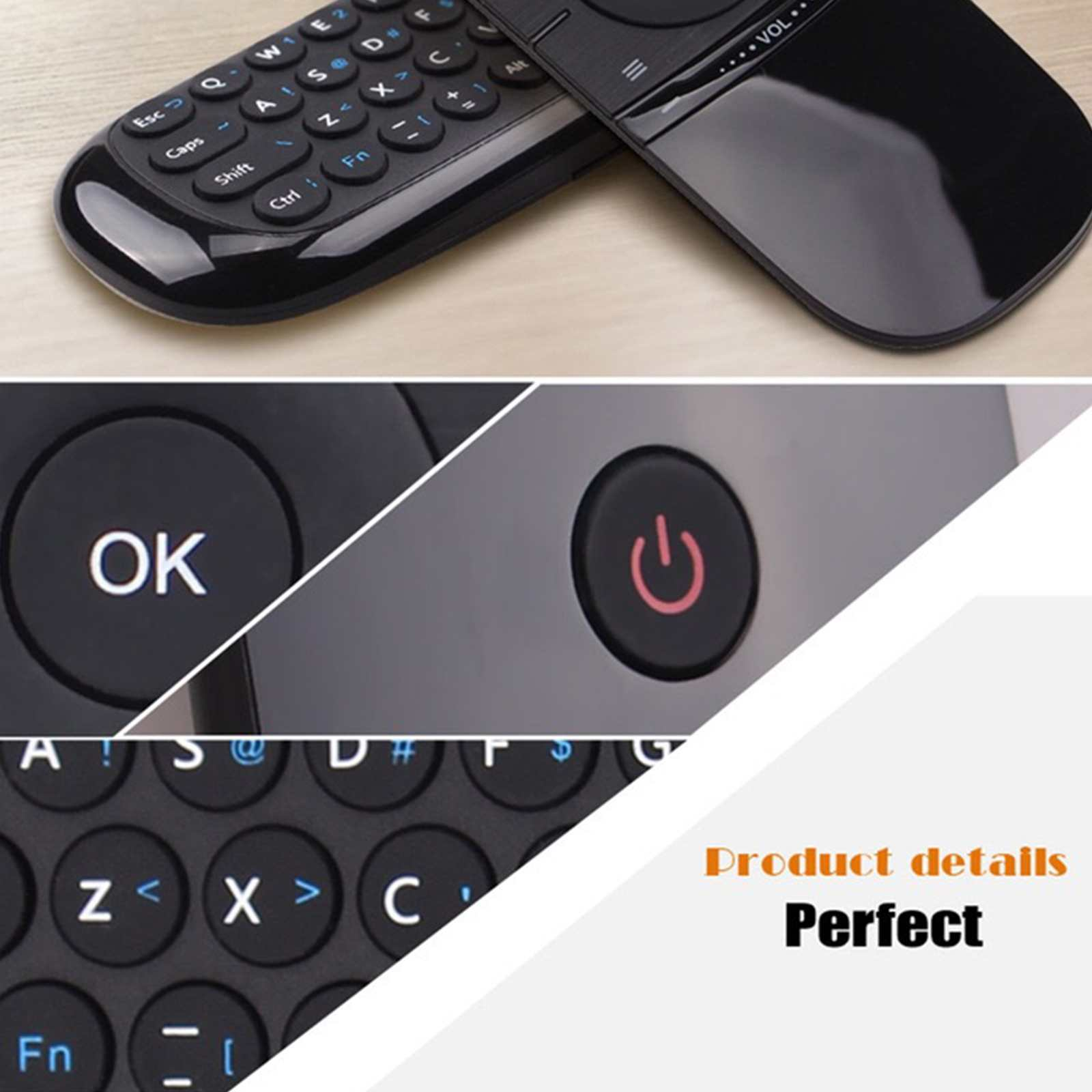 Schwarze Fernbedienung mit Tastatur, Touchpad und Power-Taste. Details umfassen Tasten und das Wort 'OK'.