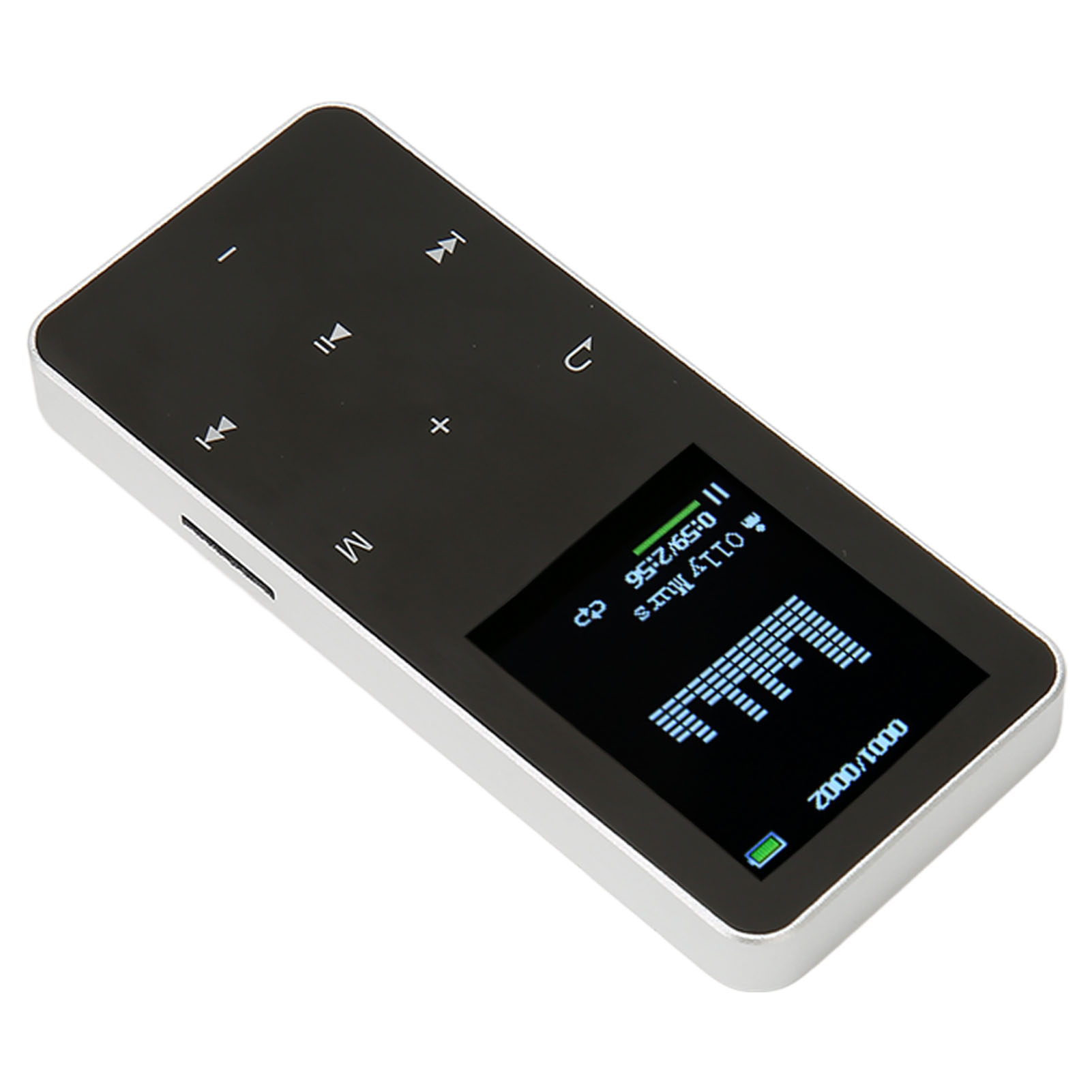 Ein silberner und schwarzer MP3-Player. Auf dem Bildschirm wird ein Musikvisualisierer angezeigt. Das Gerät hat Steuertasten.