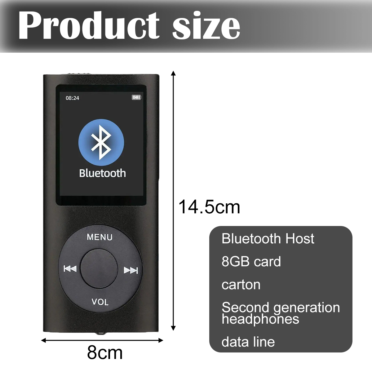 Schwarzer MP3-Player mit Bluetooth-Logo auf dem Bildschirm. Abmessungen 8 cm x 14,5 cm. Enthält Bluetooth-Host, 8-GB-Karte und Kopfhörer.