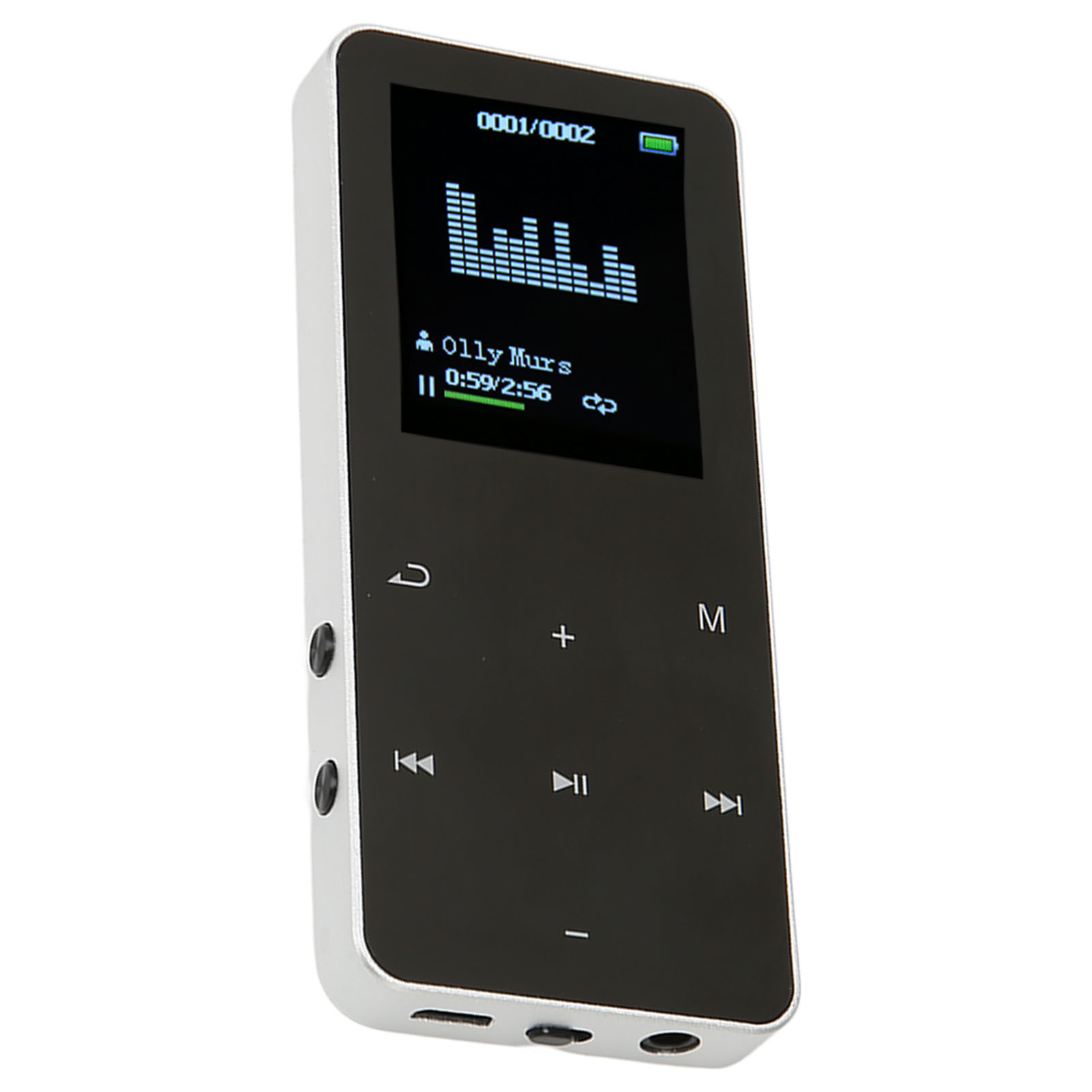 Ein silberner und schwarzer MP3-Player zeigt einen Song an, mit einem Bildschirm, der eine Schallwelle und Steuerelemente zeigt.