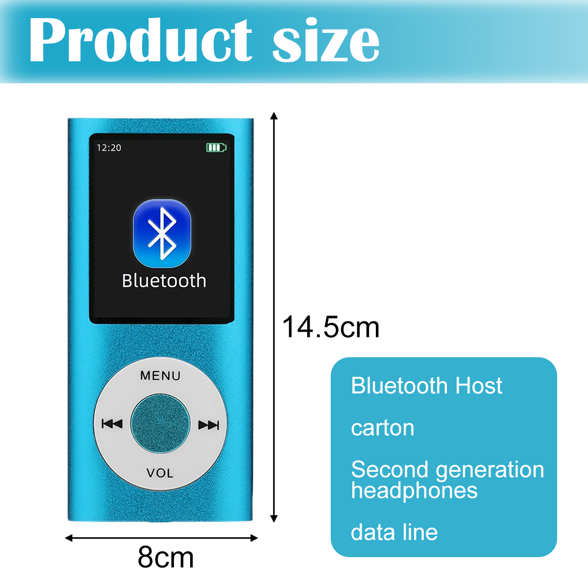 Ein blauer MP3-Player mit Bluetooth-Logo auf dem Bildschirm. Abmessungen: 14,5 cm hoch, 8 cm breit. Enthält Bluetooth-Host, Karton und Kopfhörer.