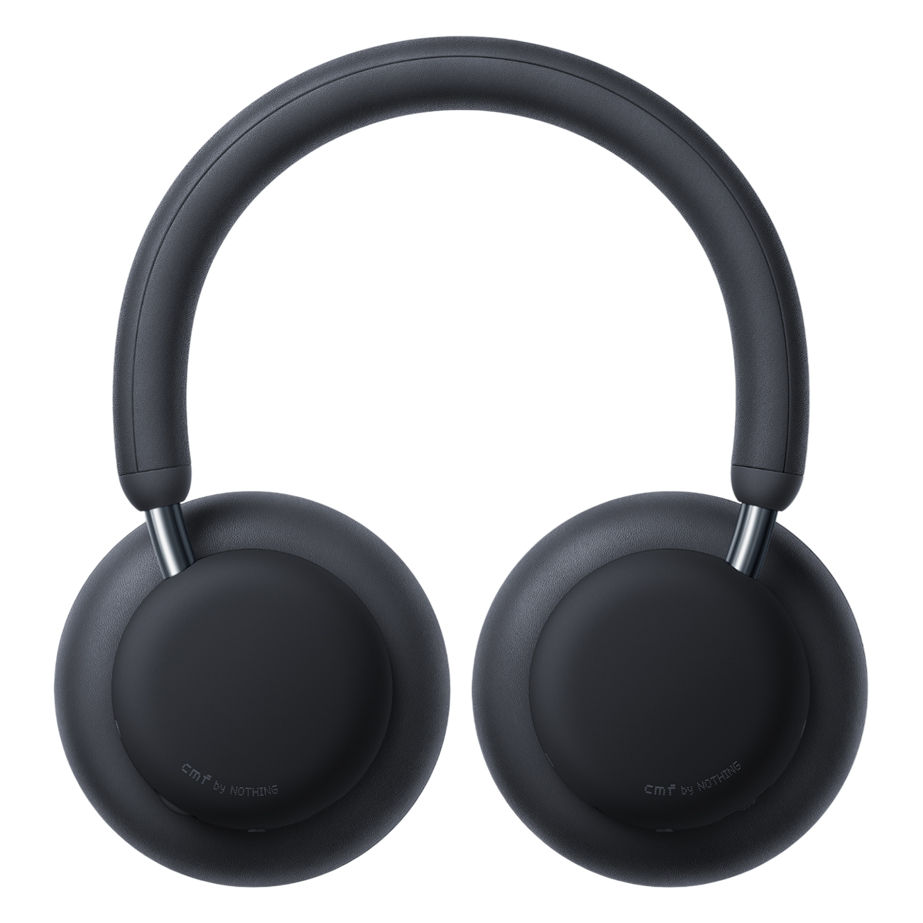 Czarne słuchawki nauszne, logo CMF by Nothing na każdej słuchawce. Pałąk jest łukowaty, łącząc obie słuchawki.