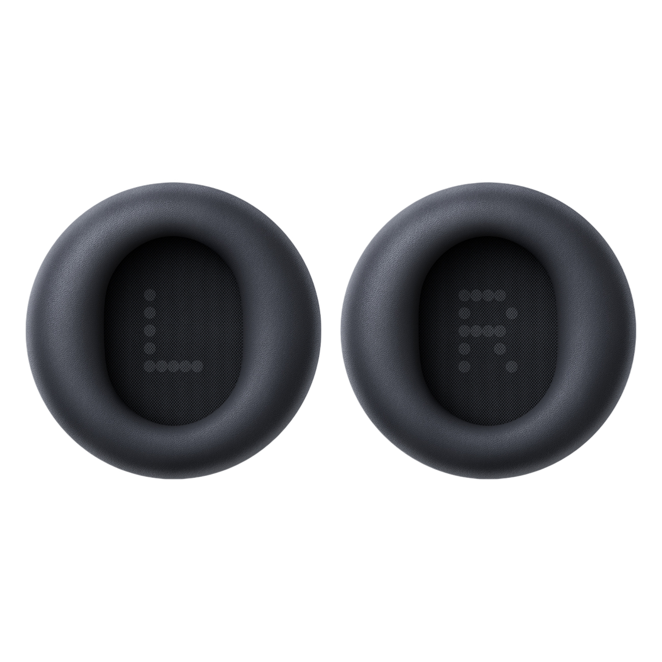 Dwie ciemnoszare nauszniki słuchawek. Lewa ma "L", a prawa "R" w środku. Białe tło.