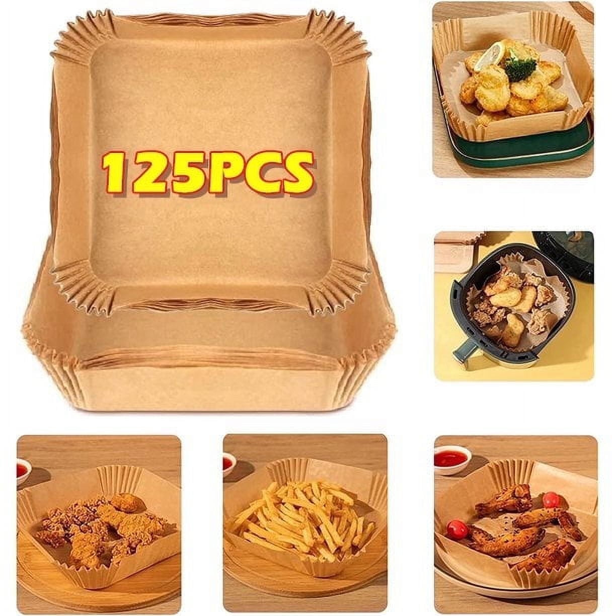 Das Bild zeigt braune Papiereinlagen mit der Aufschrift 125PCS. Kleinere Bilder zeigen Lebensmittel wie Pommes und Hähnchen in den Einlagen.