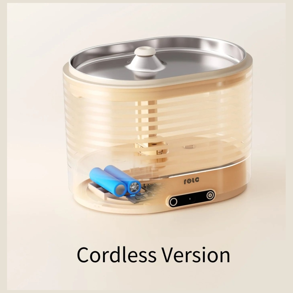 Ein beiges und transparentes Gerät mit zwei blauen Batterien. Es trägt die Aufschrift 'Cordless Version'.