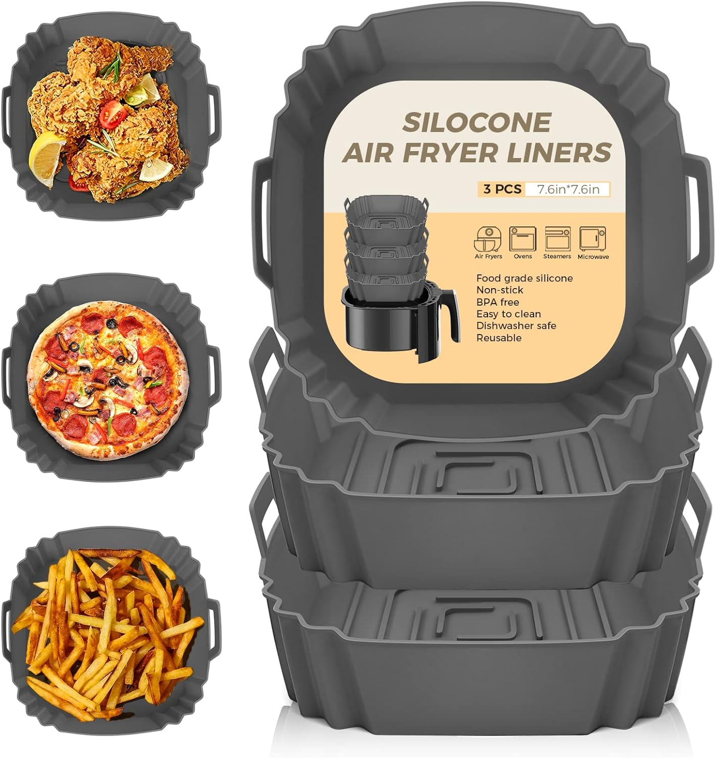 Das Bild zeigt Airfryer-Liner mit gebratenen Speisen. Enthält Hähnchen, Pizza und Pommes. Verpackungsdetails sind ebenfalls vorhanden.