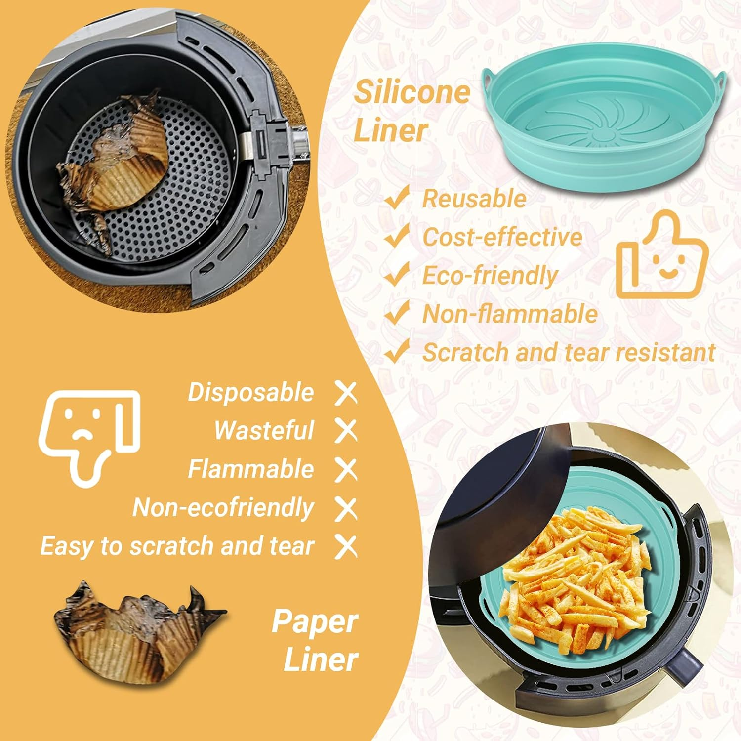 Das Bild zeigt eine Heißluftfritteuse mit verbrannter Papiereinlage und einer Silikoneinlage mit Pommes. Text hebt Vorteile hervor.