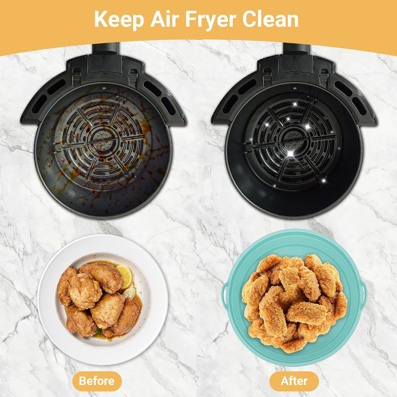 Das Bild zeigt einen Airfryer vor und nach der Reinigung. Vorher ist ein schmutziger, nachher ein sauberer Fryer zu sehen. Gebratenes Huhn.