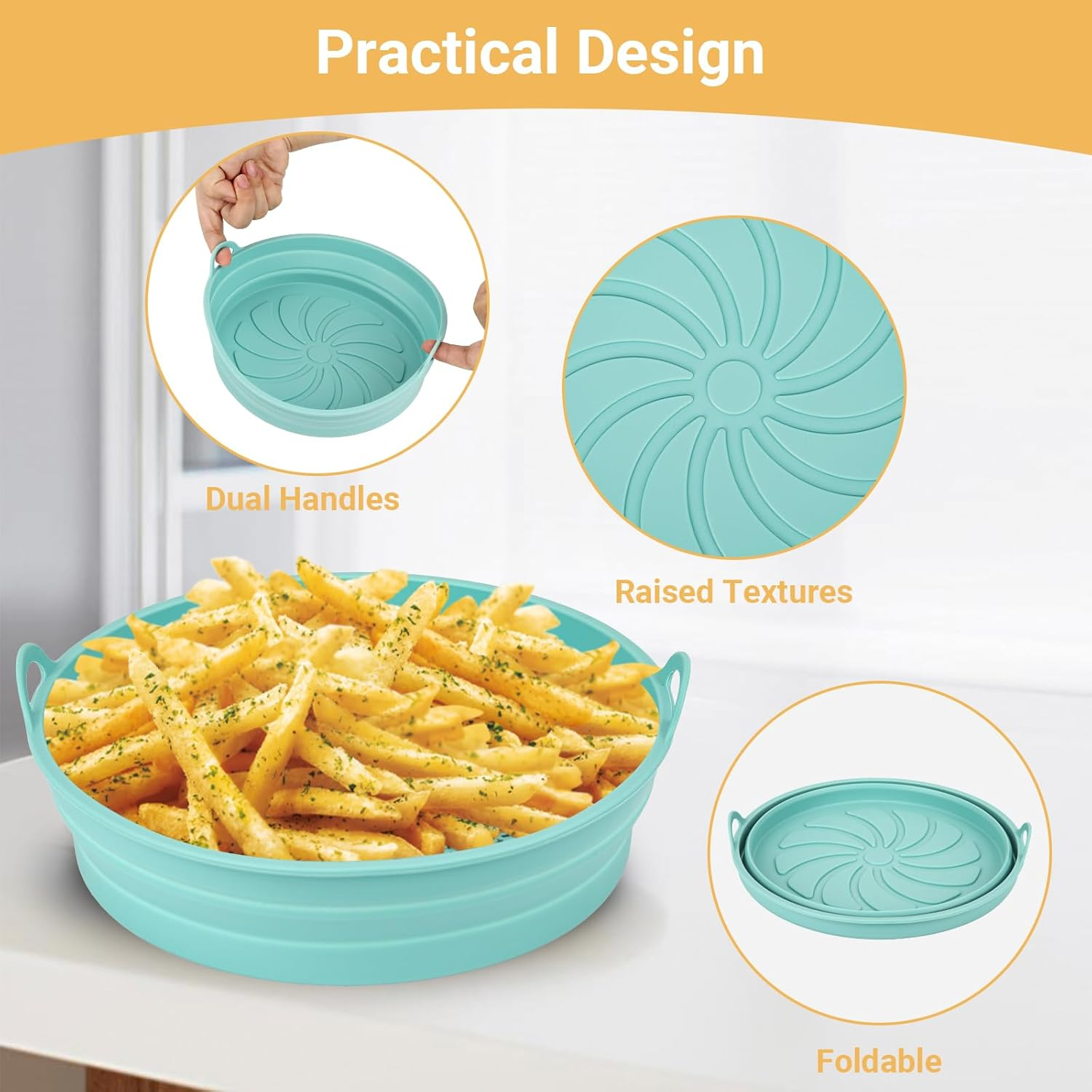 Ein türkisfarbener Airfryer-Korb mit Pommes Frites und Bilder, die doppelte Griffe, erhabene Texturen und ein faltbares Design zeigen.