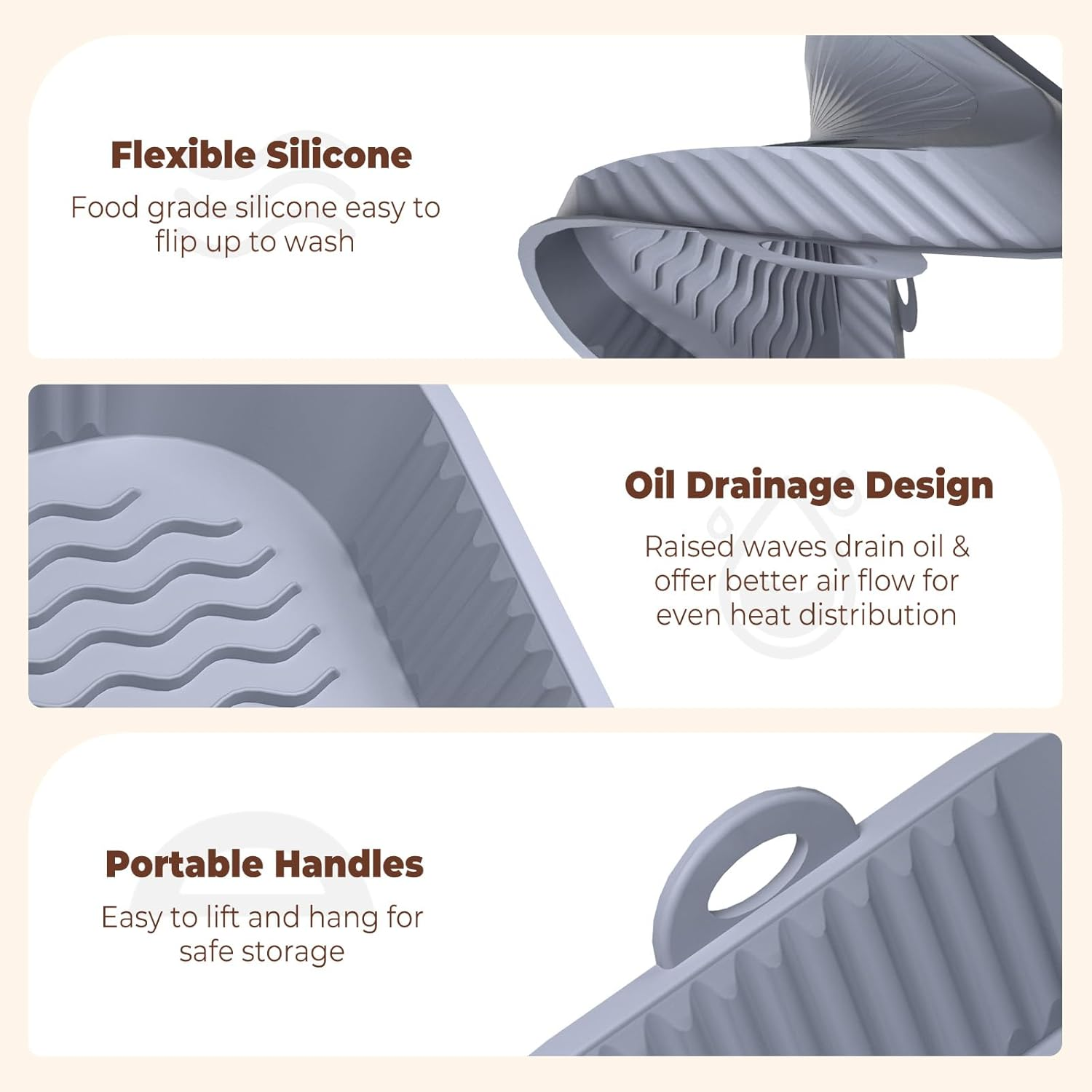 Ein graues Silikon-Küchengerät mit gewelltem Design. Es hat Griffe und ist für Ölablauf und flexible Nutzung konzipiert.