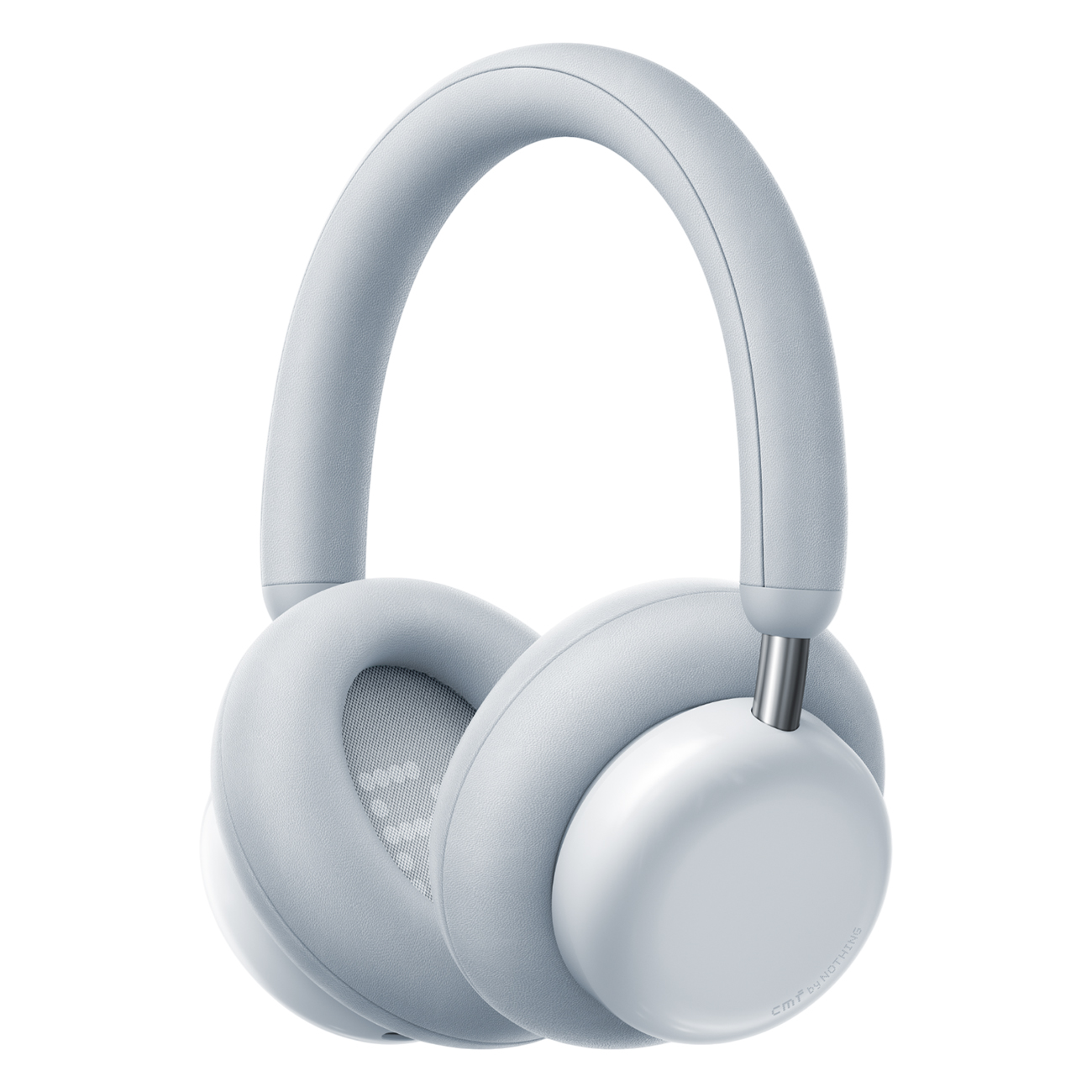 Jasnoszare słuchawki na białym tle. Nauszniki są okrągłe, o miękkiej fakturze. Pałąk nagłowny wygina się u góry.