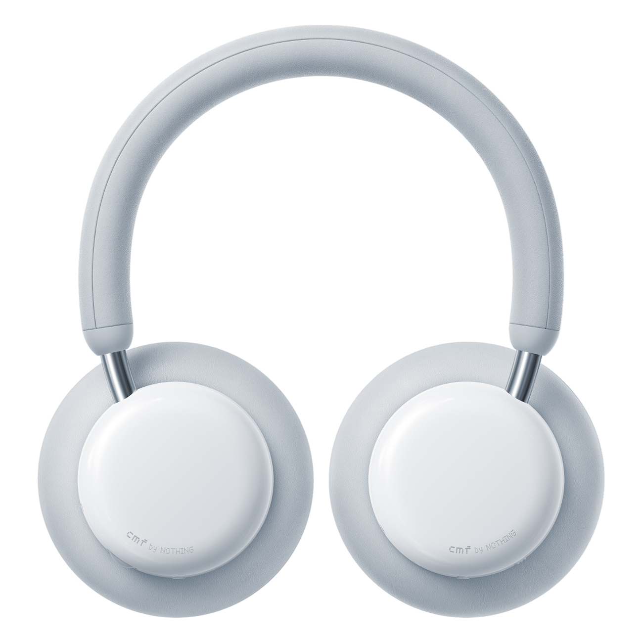 Słuchawki nauszne. Jasnoszary pałąk i nauszniki z białym okrągłym środkiem. Marka "CMF by NOTHING" jest nadrukowana.