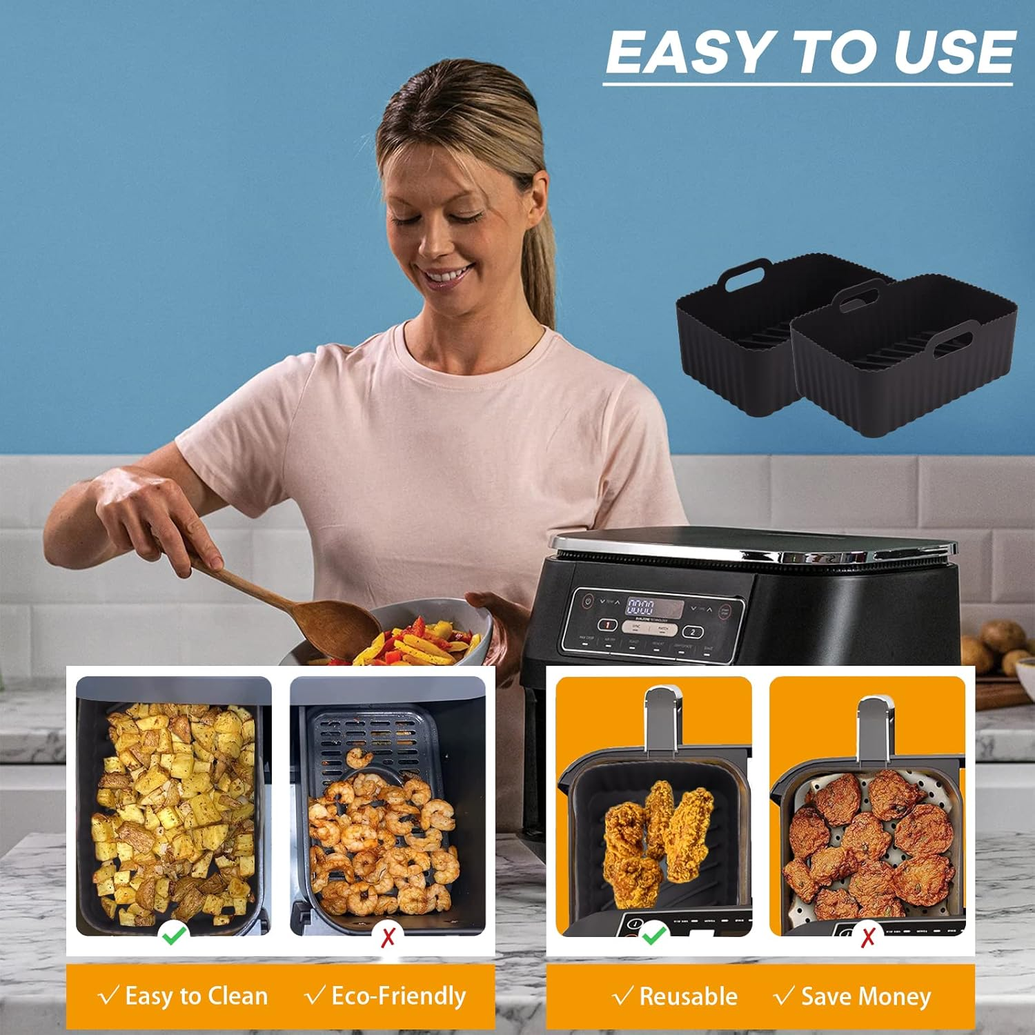 Frau mit Essen, Airfryer und Zubehör. Text sagt 'Einfach zu bedienen'. Bilder zeigen Kochen mit Merkmalen wie einfache Reinigung und umweltfreundlich.