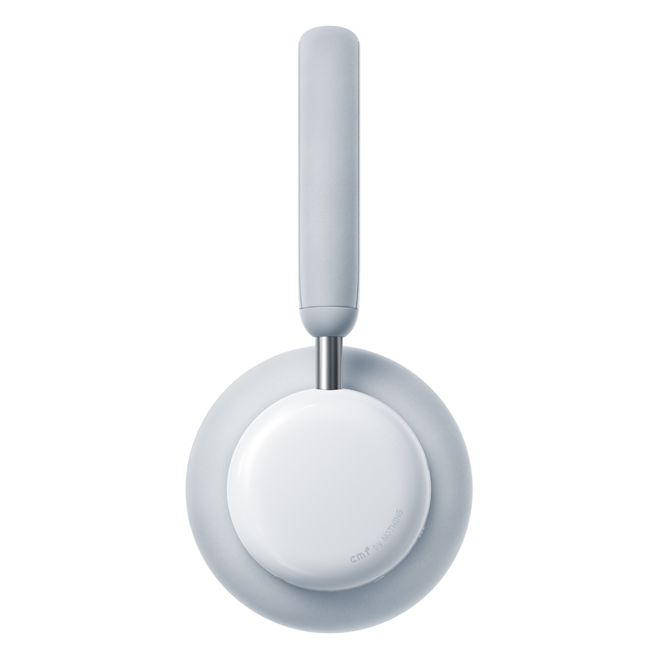 Słuchawki nauszne, jasnoszare i białe. Pałąk i nauszniki są jasnoszare. Centralny dysk jest biały.