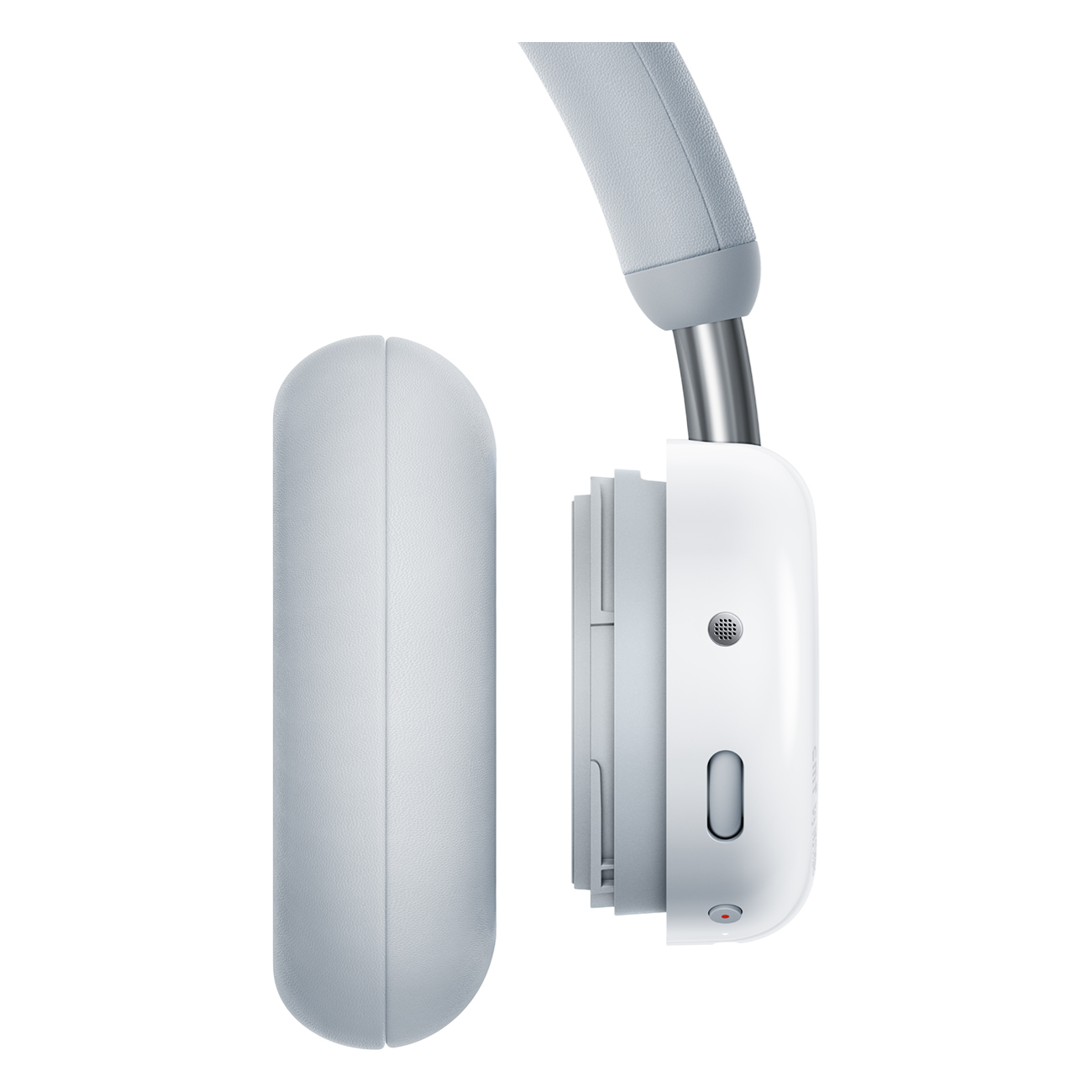 Białe i szare słuchawki na białym tle. Jeden nausznik jest odłączony, pokazując elementy wewnętrzne. Pałąk jest rozłożony.