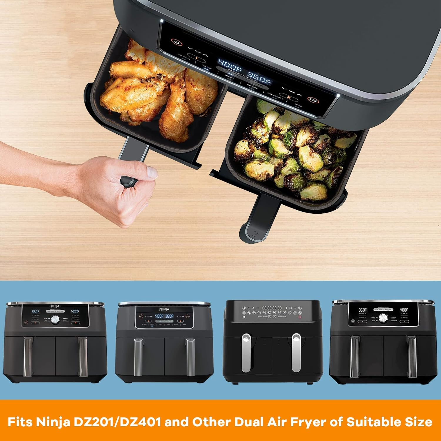 Ein Airfryer mit zwei offenen Körben voller Essen. Einer enthält Hähnchen, der andere Rosenkohl. Mehrere Airfryer-Modelle sind unten abgebildet.