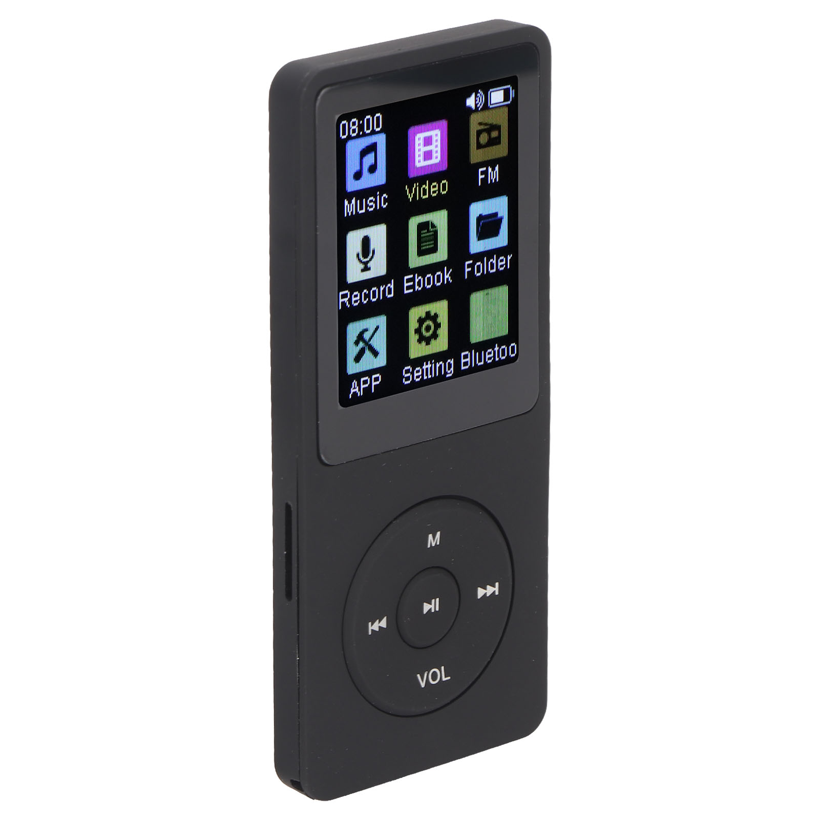 Ein schwarzer MP3-Player mit einem Bildschirm, der Symbole für Musik, Video und andere Funktionen anzeigt, mit Steuertasten unten.