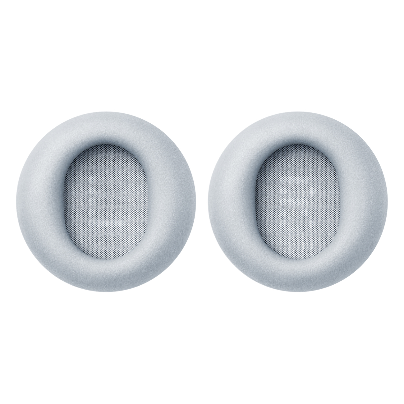 Dwie jasnoszare poduszki na uszy. Każda ma centralny obszar siatki. Lewa ma literę 'L', prawa 'R'.