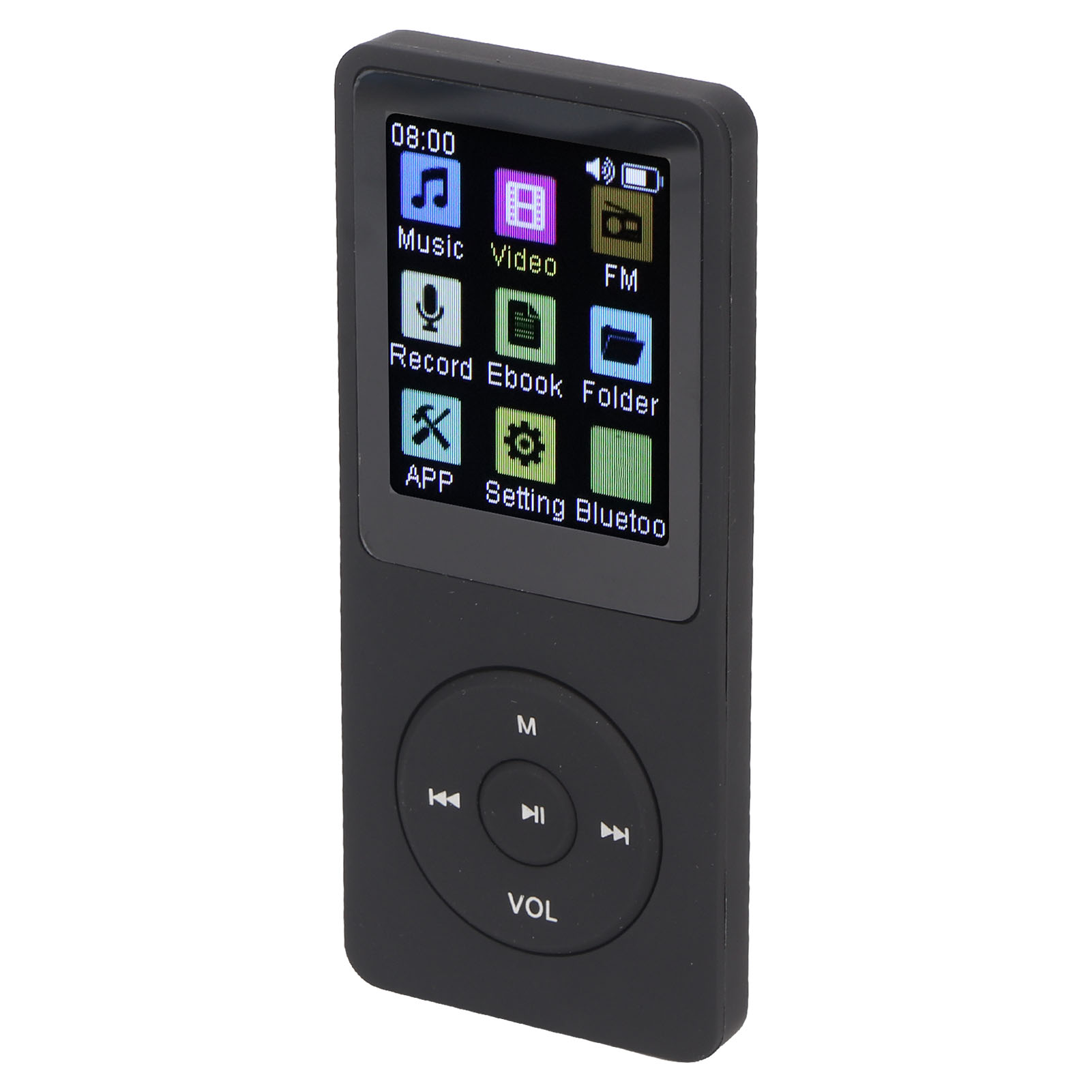 Schwarzer MP3-Player mit Bildschirm, der Symbole für Musik, Video, FM und mehr anzeigt. Tasten für Navigation und Lautstärke.