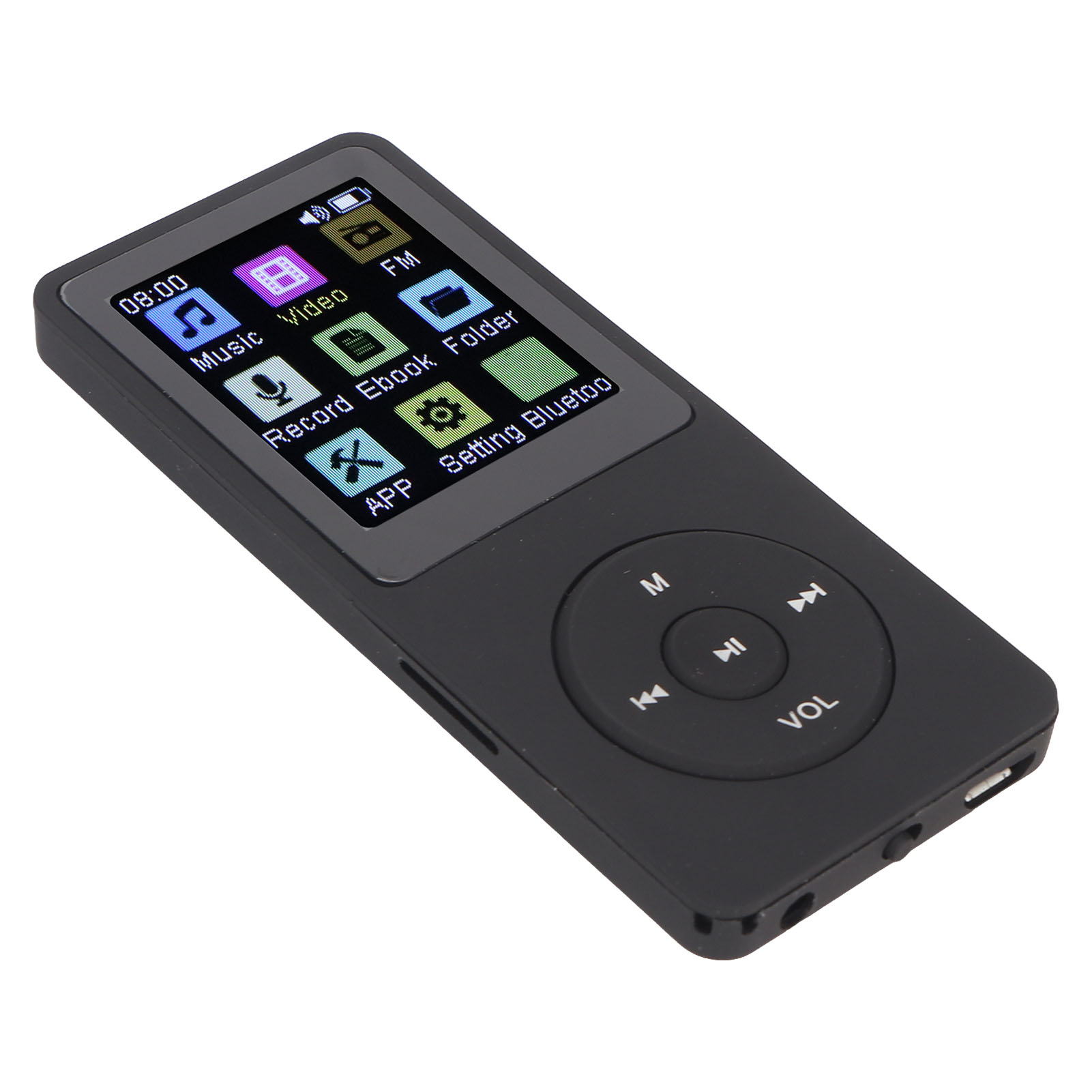 Ein schwarzer MP3-Player mit Bildschirm, der Symbole für Musik, Video und Einstellungen anzeigt. Er hat Tasten zur Navigation und Lautstärkeregelung.