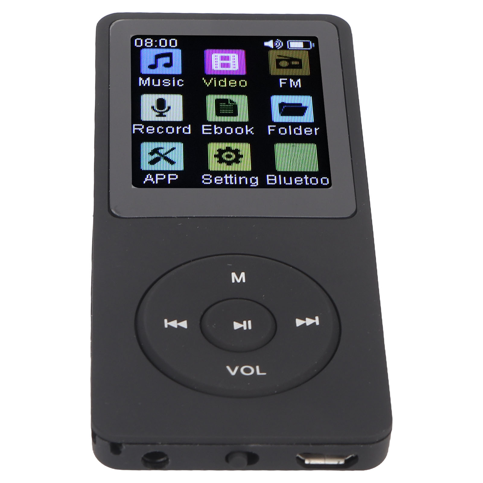 Ein schwarzer MP3-Player mit einem Bildschirm, der Symbole für Musik, Video, UKW usw. anzeigt. Bedientasten sind sichtbar.